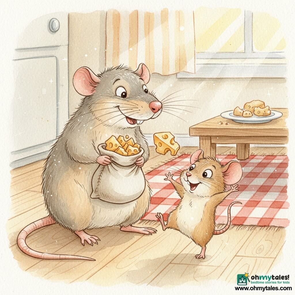 A cheerful, mischievous gray rat named Squeaky, whiskers twitching and holding a small canvas sack of golden cheese pieces, tosses a piece to a small excited brown mouse named Nibbles, who dances with raised front paws and a comic, exaggerated expression, in a warm kitchen corner with light wood floor, red-and-cream check rug, low wooden table with crumbs and soft sunlight through a window, creating a friendly, playful atmosphere.