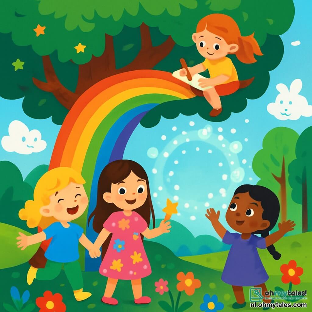Er zijn 4 kinderen: - Noor: een 7-jarig meisje met lang bruin haar en sprankelende ogen. Ze draagt een roze jurk met kleurrijke bloemen en houdt een kleine gouden ster in haar hand. - Lila: een 6-jarig meisje met krullend blond haar en een stralende glimlach. Ze is gekleed in een blauwe tuniek en groene broek en danst vrolijk rond Noor. - Zara: een 5-jarig meisje met gevlochten zwart haar en nieuwsgierige ogen. Ze draagt een paarse jurk en kijkt aandachtig naar de lucht, met haar armen omhoog naar de magische deur. - Roos: een 8-jarig meisje met rood haar en sproeten op haar gezicht. Ze zit op een tak van de grote boom en tekent de scène met een kleurpotlood. De hoofdlocatie is een betoverde open plek, omringd door grote bomen met glinsterende bladeren, waar een enorme regenboogboom in het midden staat. Kleurrijke bloemen groeien eromheen, en de heldere blauwe lucht is bezaaid met wolken in de vorm van schattige dieren. De hoofdactie van het verhaal toont de vier meisjes die onder de boom bijeen zijn, verwonderd door de verschijning van een glinsterende poort in de lucht, gemaakt van lichtgevende bubbels. Ze houden elkaars hand vast, klaar om dit nieuwe magische avontuur te verkennen.