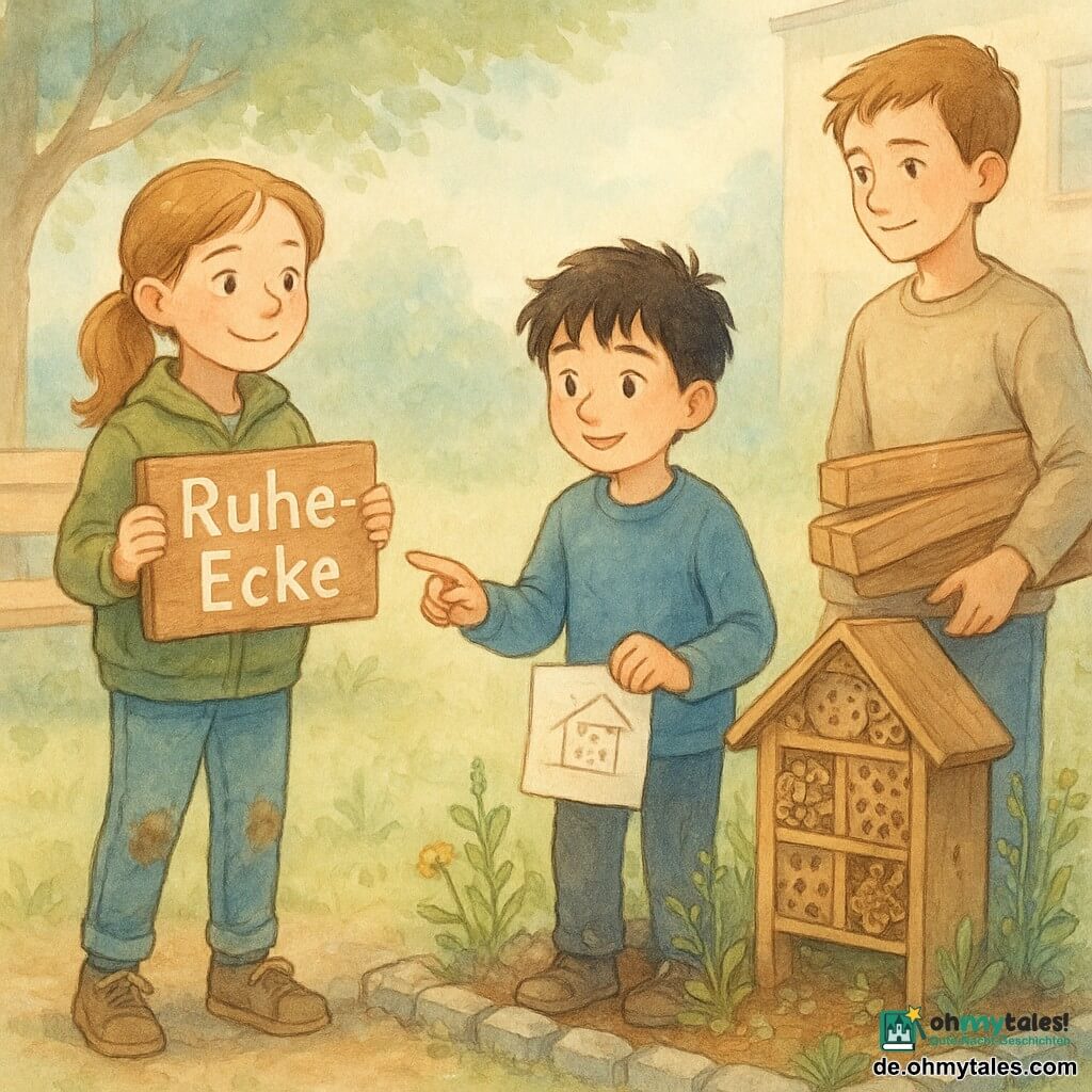Ein 10-jähriges Mädchen mit hellbraunen Zöpfchen, rundem Gesicht und Sommersprossen lächelt stolz und hält ein kleines Holzschild Ruhe‑Ecke; sie trägt eine khakifarbene Jacke, Jeans und etwas schlammige Turnschuhe, selbstbewusste Haltung. Neben ihr steht ein etwa 10-jähriger Junge mit zerzaustem schwarzen Haar, schüchtern-fröhlich, er hält einen Papierplan und zeigt auf eine Ecke mit einem Insektenhotel; etwas älter ein etwa 12-jähriger Junge mit kurzen Haaren, der Holzlatten trägt und wachsam schützend beim Insektenhotel steht. Der Ort ist eine Schulhofecke als kleine Oase: quadratisches Beet mit grauen Steinkanten, rohholz-Insektenhotel, Wildpflanzen, heller Holzbank und ein handbemaltes Schild. Die Szene zeigt die stille Einweihung einer Ruhe‑Ecke mit versammelten Kindern, sanften Gesten, fürsorglicher Stimmung, pastelligen Lichttönen, raschelnden Blättern und dezenten Aquarell- und weißen Akzenten an Blättern und Schild.