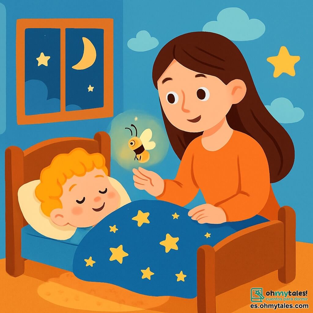 Un niño de 2 años, con cabello rizado y dorado, está acostado en su cama acogedora. Su rostro es sereno, con una ligera sonrisa, y sus ojos están cerrados, expresando paz y tranquilidad. Está envuelto en una manta suave decorada con estrellas brillantes. A su lado, su mamá, una mujer de unos 30 años con cabello largo y castaño, está sentada al borde de la cama. Mira tiernamente a su hijo, con una sonrisa reconfortante, y sostiene una pequeña luciérnaga luminosa en su mano, iluminando suavemente la habitación. La escena tiene lugar en un dormitorio cálido, con paredes pintadas de azul claro, decoradas con nubes y estrellas. Una ventana deja pasar una suave luz de luna, y una alfombra mullida está en el suelo. El niño respira tranquilamente, mientras la luciérnaga danza a su alrededor, creando un ambiente mágico y relajante. La mamá susurra palabras dulces, y juntos comparten un momento de serenidad antes de quedarse dormidos pacíficamente.