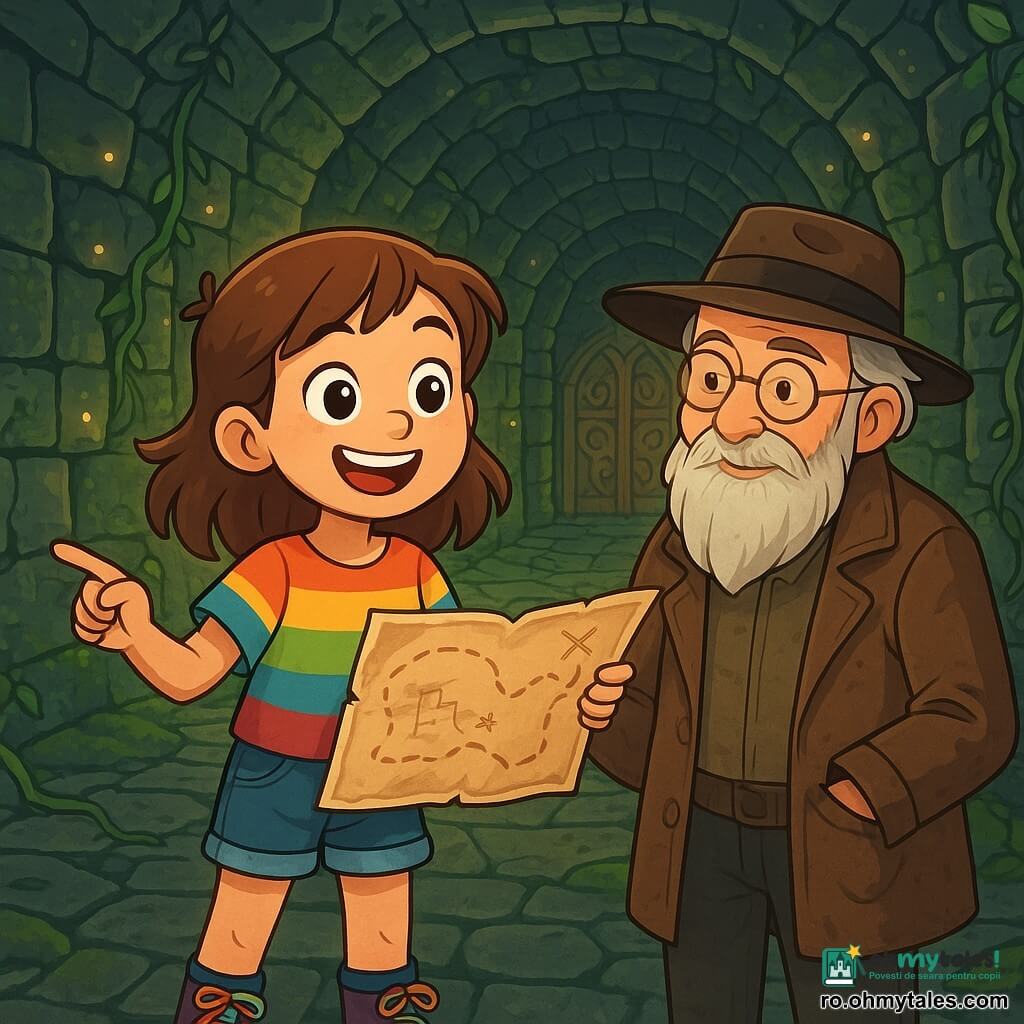 O fată tânără, numită Elena, stă în centrul imaginii, cu ochii strălucind de curiozitate și un zâmbet larg pe față. Ea poartă un tricou colorat, o pereche de pantaloni scurți din denim și bocanci cu șireturi multicolore. În mâna dreaptă ține o hartă veche, ușor mototolită, în timp ce cu cealaltă arată spre un drum misterios din labirint. Lângă ea, un vechi cartograf, un bărbat de aproximativ 60 de ani, cu o barbă lungă și albă și ochelari rotunzi, observă cu atenție harta. El poartă un palton din piele uzată și o pălărie din fetru, având o expresie de mândrie în ochi, impresionat de curajul Elenei. Decorul este un labirint subteran, cu pereți din piatră gri, acoperiți cu mușchi verde și liane. Lumini strălucitoare emană din mici fisuri în pereți, creând o atmosferă magică. În fundal, se vede o ușă din lemn sculptată, împodobită cu motive vechi. Situația principală o arată pe Elena, plină de energie și entuziasm, pregătită să exploreze labirintul și să corecteze harta, în timp ce cartograful o încurajează cu un zâmbet binevoitor.