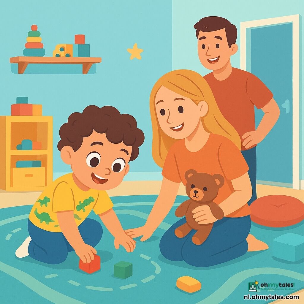 Een jongetje van 2 jaar, met krullend bruin haar, grote nieuwsgierige ogen en een stralende glimlach, zit op een zacht tapijt en zoekt naar een verloren bouwblok. Hij draagt een felgele t-shirt met dino-tekeningen en een blauwe broek. Naast hem buigt zijn moeder, een vrouw van rond de dertig met lang blond haar, glimlachend en attent, om hem te helpen met een knuffelbeer in haar hand. Een vader, een man van rond de dertig met kort bruin haar, staat bij de deur en kijkt lachend naar de scène. De kamer is licht en uitnodigend, met lichtblauwe muren, planken vol kleurrijk speelgoed en een groot tapijt in de vorm van een weg. In het midden is een speelhoek ingericht met kussens en verspreid speelgoed. De situatie laat het jongetje zien, geconcentreerd en enthousiast, terwijl hij onder het tapijt zoekt, terwijl zijn moeder hem aanmoedigt met een zachte blik. De vader, geamuseerd, bereidt zich voor om te helpen zoeken, wat een sfeer van saamhorigheid en vreugde creëert.