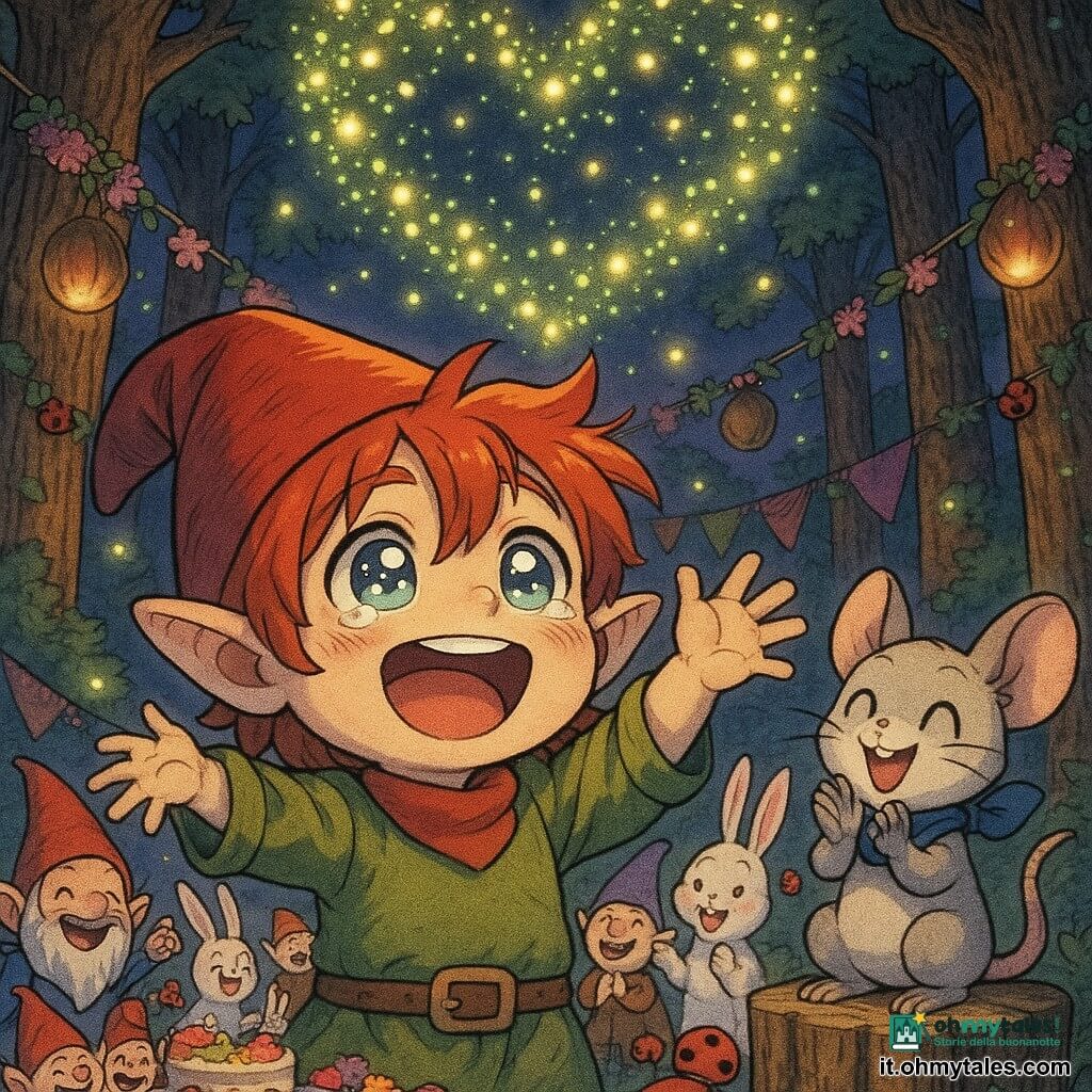 Personaggio principale: un piccolo gnomo di nome Costante, viso rotondo, grandi orecchie appuntite, capelli rossi arruffati, occhi lucidi e sorriso commosso, mani alzate verso il cielo mentre guarda una pioggia di lucciole. Personaggio secondario: Rufus, un topolino grigio chiaro con occhi maliziosi e sciarpa blu, su un tronco basso a destra di Costante che applaude felice. Altri personaggi: piccoli gnomi amici, conigli dalle lunghe orecchie bianche e coccinelle rosse riuniti attorno a una tavola a sinistra che ridono e indicano il cielo. Scenario: radura al crepuscolo con grandi querce, ghirlande di fiori e lanterne in guscio illuminate, tavoli con dolci colorati. Atmosfera luminosa: cielo viola-blu scuro, centinaia di lucciole gialle e verdi che formano un grande cuore sopra Costante, riflessi dorati sui volti. Stile grafico: linee morbide in stile manga, colori saturi e caldi, espressioni esagerate, occhi brillanti e texture fini su legno e foglie. Composizione: piano medio centrato su Costante, leggera controplongée per valorizzare il cuore di lucciole, Rufus a destra e la tavola degli ospiti a sinistra, profondità con alberi sfocati sullo sfondo.