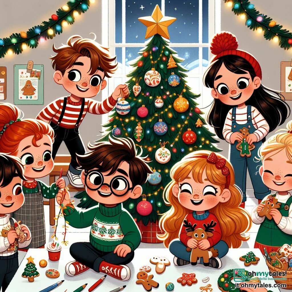 In un'aula festiva, cinque bambini sono riuniti attorno a un grande albero di Natale decorato. Leo, un ragazzo di sei anni con i capelli castani e un grande sorriso, tiene una stella dorata che sta per appendere in cima all'albero. Marta, una ragazza di sei anni con i capelli rossi e ricci, indossa un berretto rosso e ride mentre tiene una ghirlanda colorata da avvolgere attorno al tronco dell'albero. Marco, un ragazzo con occhiali e capelli biondi, è seduto per terra mentre decora un biscotto a forma di renna con la glassa. Sofia, una ragazza con trecce e un maglione verde, è in piedi accanto a Leo, tenendo palline di Natale scintillanti pronte per essere appese. Tom, un ragazzo con capelli neri e lentiggini, ride mentre cerca di fare un pupazzo di neve di carta sul tavolo. L'aula è piena di luci scintillanti, ghirlande colorate e deliziosi biscotti di Natale, creando un'atmosfera calda e gioiosa. I bambini si divertono a decorare insieme l'albero di Natale, ridendo e cantando canzoni natalizie, mentre la neve cade dolcemente fuori dalla finestra.
