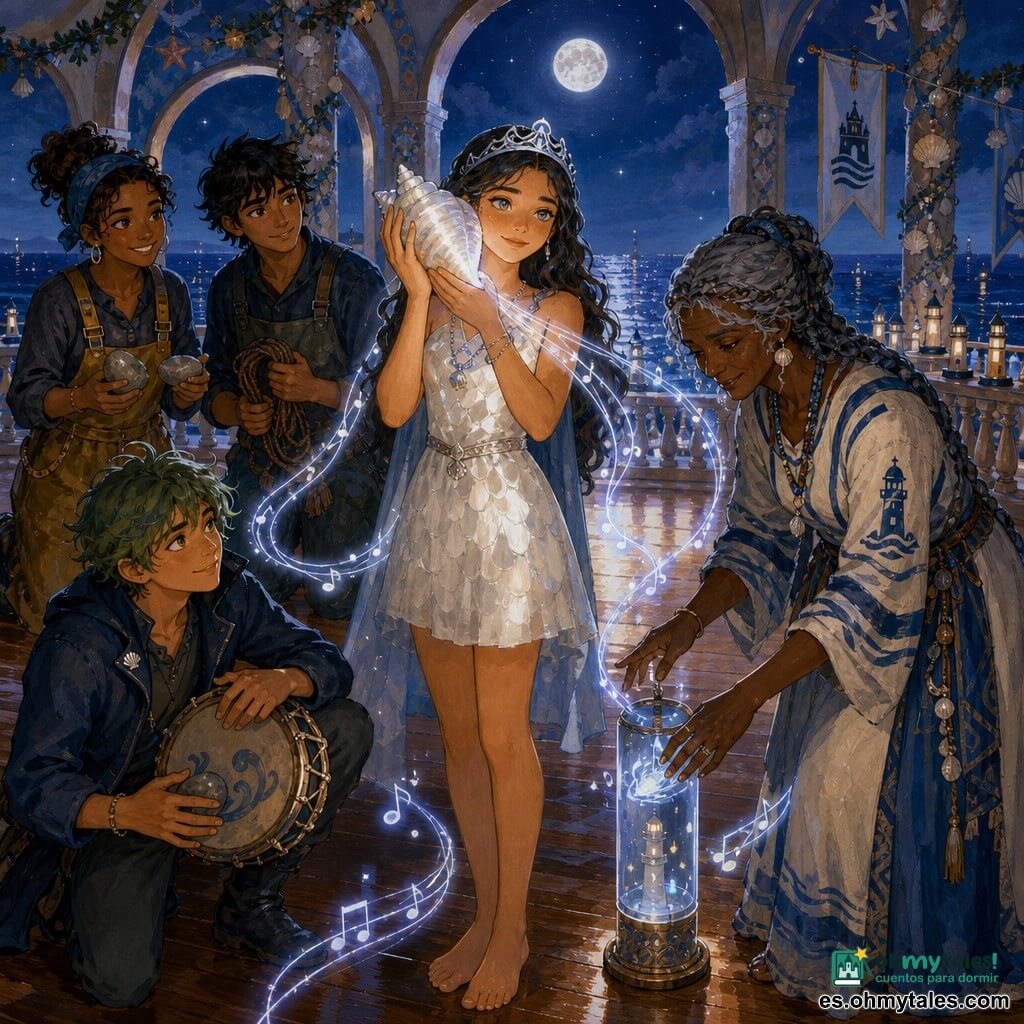 Princesa Liria (hija, ~16 años) en el centro, rostro luminoso, ojos azul-dorados, sonrisa serena, vestido corto nacarado y tiara plateada ondulada, sostiene una gran concha plateada junto al oído con postura suave y confiada; Nelo (chico, ~15 años) a la izquierda, cabello desordenado color musgo, chaqueta azul marino, expresión traviesa pero atenta, mira a la princesa sosteniendo un pequeño tambor improvisado, arrodillado ligeramente hacia adelante; Mirna (mujer, ~45 años) a la derecha, manos rugosas pero delicadas, cabello gris trenzado, atuendo de guardafaros con bandas azules, coloca un cilindro de vidrio luminoso en el suelo inclinada hacia la concha como para afinar una nota; Luma (mujer, ~22 años) y Pardo (joven, ~24 años) detrás de Nelo, ropa de pescadores húmeda, Luma sonríe y golpea suavemente dos piedras, Pardo sostiene una cuerda remendada, cercanos y cómplices; lugar: gran salón del Castillo Nácar abierto al mar con amplias ventanas arqueadas hacia un horizonte azul oscuro, suelos de madera brillantes, guirnaldas marinas y faros en miniatura sobre las barandillas, luz de luna plateada entrando en diagonal; situación: la princesa reúne voces del reino para crear una melodía común, la concha plateada brilla y difunde hilos musicales visibles como cintas luminosas que enlazan a cada personaje, ambiente cálido, cooperativo y poético.