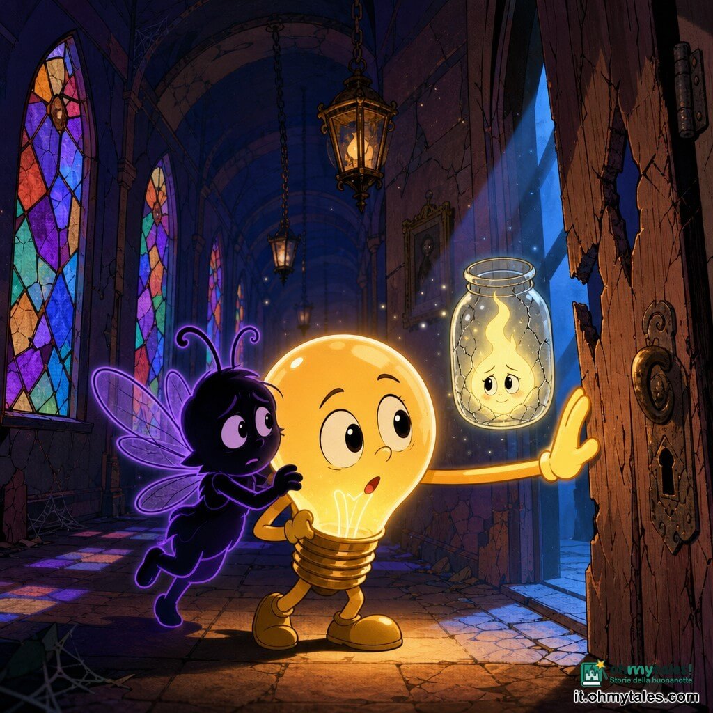Lumo, una piccola lampadina antropomorfa brillante dal volto rotondo e grandi occhi curiosi, filament incandescente visibile, espressione coraggiosa e stupita, spinge delicatamente una porta di legno screpolata con una mano luminosa; Ombretta, una lucina-ombra sottile e traslucida, sagoma scura bordata di bagliore viola, inquieta ma fedele, è appena dietro Lumo tremante; Fiammella, minuscola fiamma in un barattolo di vetro incrinato, luce fioca e vacillante, volto timido e sollevato, fluttua accanto a Lumo all'altezza della mano. Ambientazione: lungo corridoio antico e misterioso con vetrate colorate incrinate, lampade di metallo arrugginito oscillanti, pavimento in lastre consumate e particelle di polvere luminosa nell'aria; la porta socchiusa lascia filtrare una luce fredda blu e ombre mobili, atmosfera lievemente spaventosa ma rassicurante, composizione centrata su Lumo che apre la porta accompagnato da Ombretta e Fiammella, illuminazione a contrasto caldo/freddo, palette di blu profondi, viola e oro caldo, stile cartoon con linee morbide e texture nette.