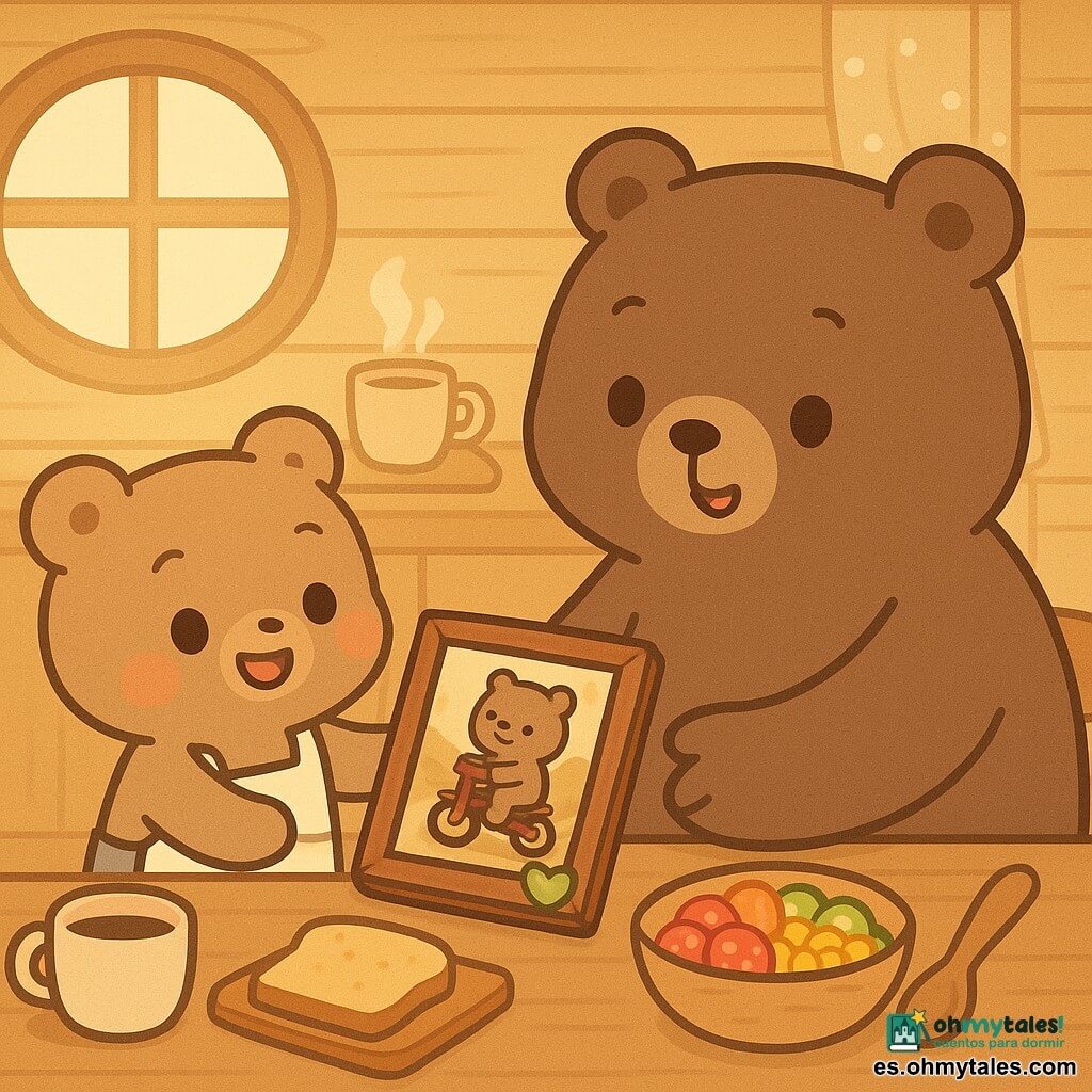 Un osito infantil llamado Osito Bruno, pelaje claro, mejillas rosadas, ojos brillantes y sonrisa, lleva un pequeño delantal con la inscripción ¡Cuidado, chef peludo! y sostiene con orgullo un marco de madera decorado con una estrella amarilla y un corazón verde; un gran papá oso corpulento y dulce, pelaje oscuro y sonrisa conmovedora, está sentado en la mesa y extiende las patas para recibir el marco; en la mesa hay un plato hondo con ensalada arcoíris (tomate rojo, pepino verde, maíz amarillo, zanahoria naranja) y una cuchara de madera; el marco contiene una vieja foto restaurada de un papá oso joven en una bicicleta roja, ligeramente amarillenta; la escena ocurre en una acogedora cocina de cabaña de madera con luz dorada de mañana entrando por una ventana circular, una taza de café humeante, pan tostado sobre una tabla y cortinas de lunares; situación principal: el osito regala la foto y la ensalada a su papá por el Día del Padre en un momento tierno y alegre, composición centrada en los dos osos y la mesa, colores pastel vivos y contornos suaves.