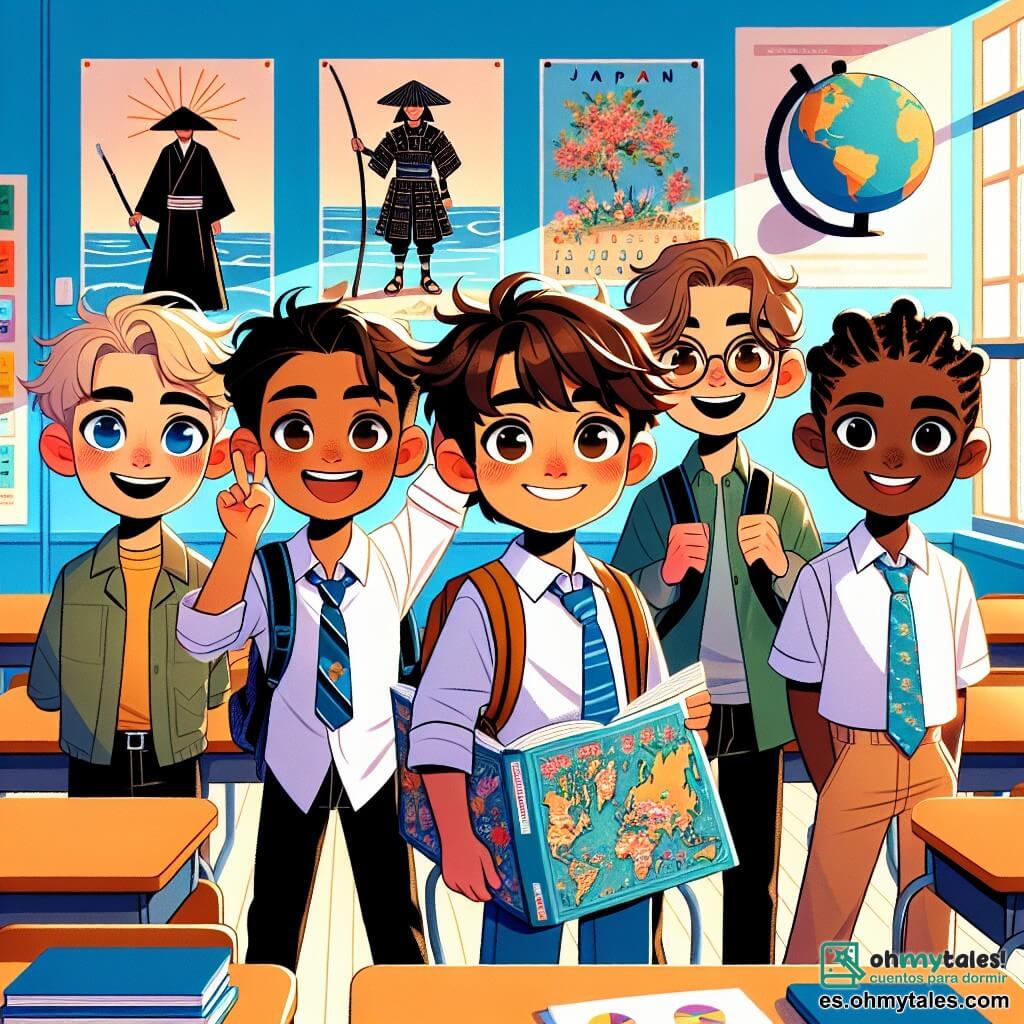 En un aula colorida, cuatro amigos están juntos, listos para su primer día de escuela. Joaquín, un niño de 11 años con cabello castaño desordenado y una gran sonrisa, sostiene un libro sobre Japón. A su derecha, Andrés, otro niño de 11 años con gafas redondas y cabello rubio, salta de emoción con los brazos en alto. A la izquierda, Marcos, un niño de 11 años con cabello negro y liso, sonríe mostrando un póster de samuráis. Por último, Luis, un niño de 11 años con trenzas y una gorra al revés, observa atentamente un globo terráqueo. El aula es luminosa, con paredes pintadas de azul claro y carteles coloridos de mapas del mundo y matemáticas. Los cuatro amigos se preparan para presentar su proyecto sobre Japón frente a la clase, llenos de emoción y nervios, mientras la profesora Gómez, una mujer sonriente con cabello rizado, los observa con amabilidad.