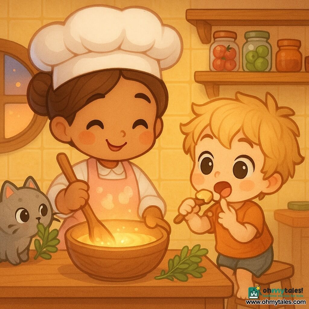 A smiling, gentle woman chef with brown hair in a bun, a soft white toque and a powder-pink flour-streaked apron stirs a bright bowl with a large wooden spoon while kindly teaching a curious 5-year-old blond boy standing on a small stool who tastes a spoon with sticky hands; a small round gray cat with bright eyes and heart-shaped whiskers perches on the counter sniffing herbs in a warm, colorful kitchen with yellow tiles, light wood shelves of jars and a round window letting in soft evening light—the scene is calm, cozy and pastel-toned.