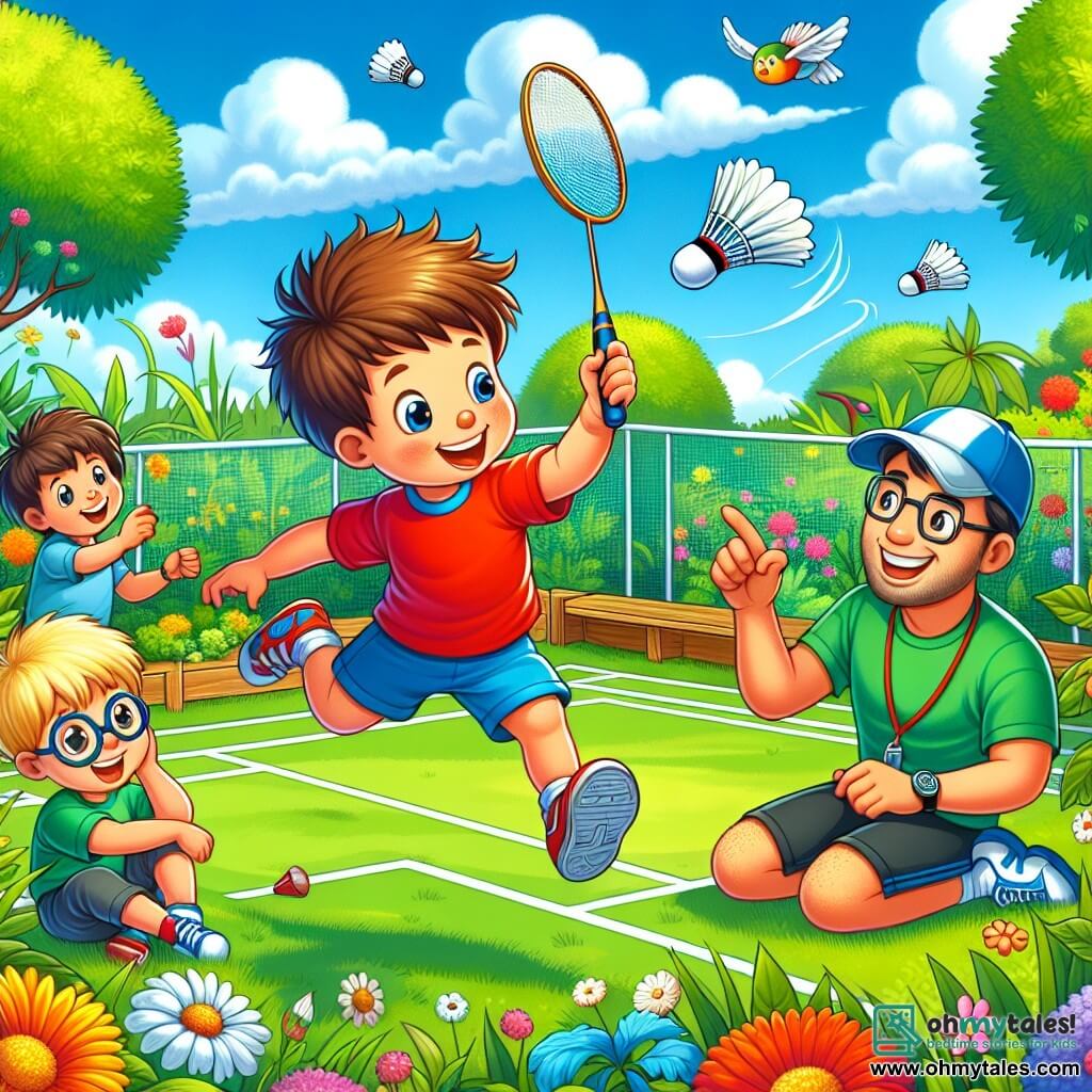 A 2-year-old boy with messy brown hair and a big joyful smile holds a badminton racket. He is wearing a bright red t-shirt and blue shorts, jumping with joy on the green grass of the park. Next to him, a 3-year-old boy with blonde hair and glasses enthusiastically claps while sitting on the grass. Coach Charlie, a 30-year-old man with a cap and a whistle around his neck, smiles while demonstrating a badminton move, standing nearby. The park is bright, with leafy trees and colorful flowers surrounding a badminton court. The sky is blue with a few fluffy white clouds. The main scene shows the little boy about to hit the badminton shuttlecock flying through the air, while his friends cheer him on with smiles and laughter.
