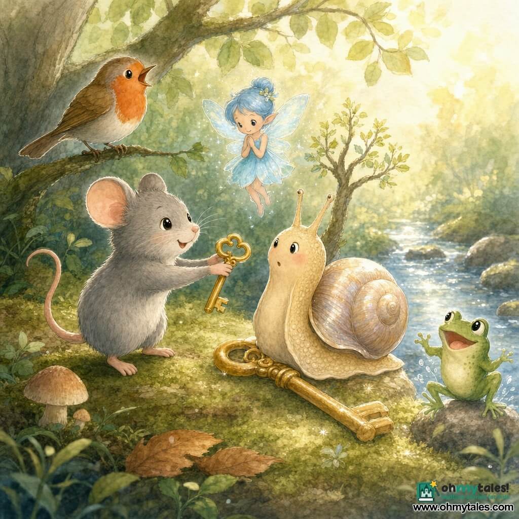 A small gray mouse with bright round eyes and fluffy fur stands on its hind legs, kindly reaching for a golden key as it gently asks a large beige snail with a pearly shell, resting on the key, to share it; a tiny sparkling blue fairy in a light dress floats nearby with hands together, a red-brown robin perches on a low branch singing, and a big-eyed green frog on a rock by a stream makes a small splash — all in a soft pastel mossy clearing under a pale-leaved tree at late-afternoon light, warm and cooperative.