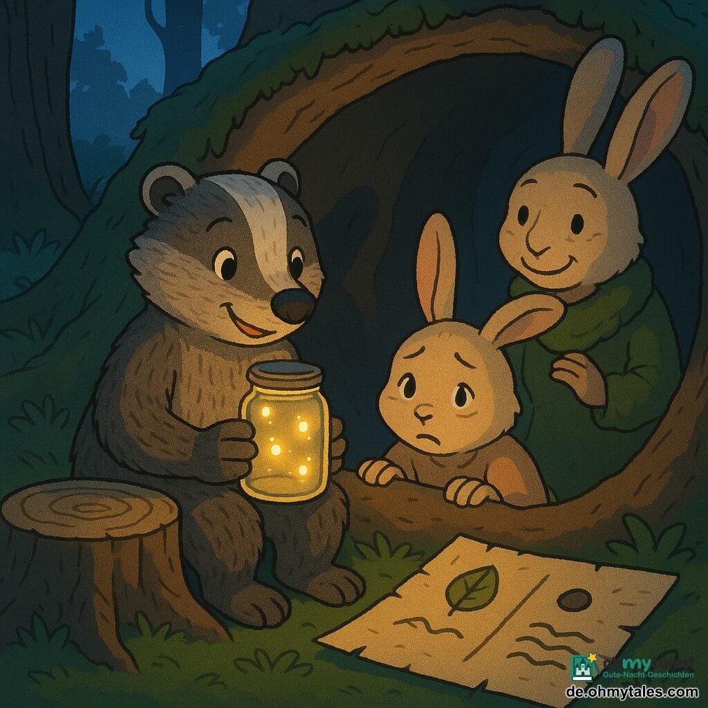 Milo, ein junger Dachs (anthropomorph), sitzt am Eingang des Baues mit ruhigem, wohlwollendem Ausdruck, graubraunes Fell, runde leuchtende Augen, hält ein Glas mit Glühwürmchen, die warmes honigfarbenes Licht ausstrahlen; neben ihm Leni, ein junges Kaninchen (anthropomorph), leicht besorgt aber erleichtert, beige weiches Fell, große leicht gesenkte Ohren, sie hält den Rand des Baues und blickt auf die Glühwürmchen; Tante Marta, eine ältere Kaninchenfrau, steht in der Nähe des Eingang, trägt einen moosgrünen Schal und lächelt beruhigend, leicht unscharf im Hintergrund; auf einer improvisierten Rindentischplatte liegt eine auf Birkenrinde gezeichnete Karte mit einfachen Kohlesymbolen (Blatt, Punkt, Welle) in kindlichem Stil; die Szene spielt am Rand eines nächtlichen Unterholzes auf moosbedecktem Boden, Baumstämme mit sichtbaren Ringen, silbrig weiches Mondlicht dringt durch die Zweige, warme Glühwürmchenlichter kontrastieren mit dem kühlen Blau der Nacht, Schatten an der Bauwand formen freundliche Figuren; Hauptsituation: Milo erklärt Leni die 4‑4‑Atmung, beruhigende, intime Stimmung; visueller Stil: lebendige, sanfte Farben, klare Konturen im Cel‑Shading, einfache gut lesbare Texturen, Komposition konzentriert auf Gesichter und das leuchtende Glas, tröstliche Atmosphäre.