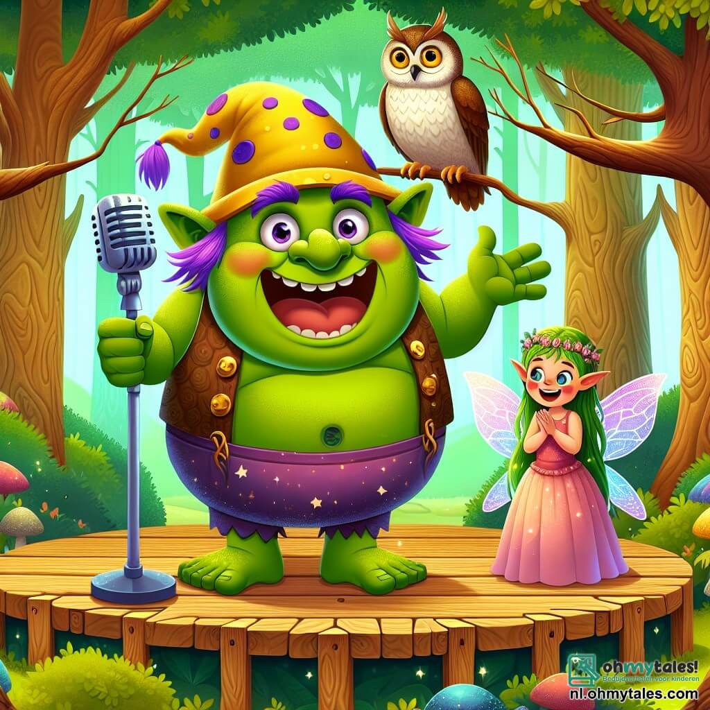 Een vrolijke ogre genaamd Olli, met felgroene huid bedekt met paarse vlekken, draagt een grote en leuke gele hoed die wankelt op zijn hoofd. Hij glimlacht breed, zijn ogen sprankelend van geluk, terwijl hij op een houten podium staat, een microfoon vasthoudend en een grap vertelt aan een enthousiast publiek. Naast hem staat een kleine fee met glinsterende vleugels, ongeveer 10 jaar oud, met gouden haar en een roze jurk, die enthousiast applaudisseert, haar ogen glanzend van bewondering voor Olli. Een wijze uil, zittend op een tak boven het podium, kijkt met een vriendelijke glimlach toe, zijn bruine en witte veren contrasterend met het groen van de bomen. De scène speelt zich af in een prachtig betoverd park, waar bomen met kleurrijke stammen en zingende bloemen het podium omringen. Flonkerende lichtjes hangen in de lucht en creëren een feestelijke en vrolijke sfeer. Olli vertelt een hilarische grap, en het publiek, bestaande uit fantastische wezens, lacht hardop, waardoor de lucht gevuld is met vreugde en gelach.