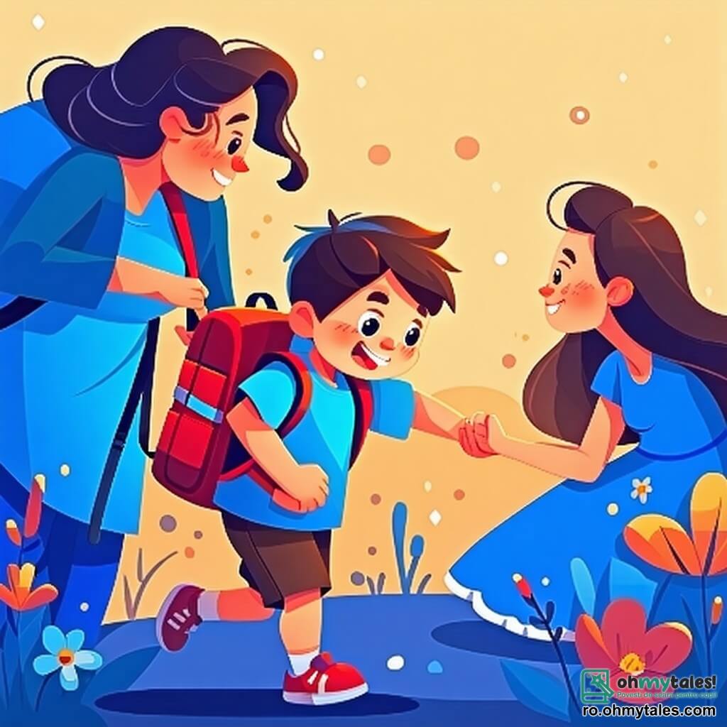 Un băiețel de 4 ani, pe nume Matei, cu părul cârlionțat și ochi mari plini de curiozitate, poartă un tricou albastru aprins și un rucsac roșu. Zâmbește cu emoție, ținând de mână pe mama sa. Mama sa, o femeie blândă de aproximativ 30 de ani, cu părul lung și ondulat, poartă o rochie cu flori și îi zâmbește cald, încurajându-l să înainteze. Scena are loc în fața unei grădinițe frumoase, o școală colorată cu pereți galbeni și feronerie roșie, înconjurată de flori multicolore și copaci verzi. Matei privește cu uimire alți copii care se joacă în curte, făcând un pas ezitant spre ușa școlii, simțind un amestec de entuziasm și anxietate.