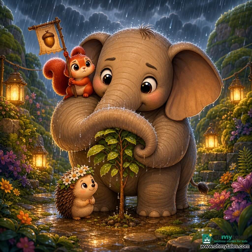 A large elephant named Émile with a round, soft body and clay-colored, wavy-folded skin, bright tender eyes and a calm protective expression wraps his trunk around a small young tree to shelter it. A little squirrel named Pip with shiny red-brown fur and lively bead-like eyes sits on Émile's shoulder, waving a small acorn banner, worried but brave. Madame Bristle, a tiny hedgehog with stylized quills and a daisy crown, stands at the sapling's base watching attentively. The setting is a walled garden between three hills with colorful flowers, ferns, mossy stone paths and hanging lanterns casting golden light through a fine rain; wet ground sparkles. The situation is a gentle but threatening storm; Émile protects the sapling while Pip and Madame Bristle help and admire, warm atmosphere despite the shower. Graphic style: saturated colors, thick rounded outlines, soft textures, exaggerated adorable expressions, focus on the central group.