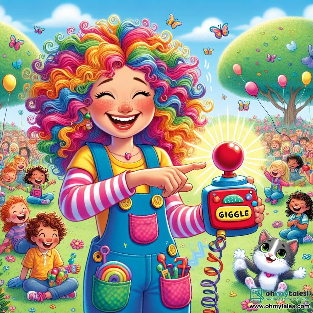 Lila, a young woman with curly, colorful hair, is wearing a pocket-filled overall and a bright smile on her face. She is pressing the large red button of her invention, the Giggle Gadget, with sparkling eyes of excitement. Next to her, Whiskers, her fluffy cat with mischievous eyes, curiously watches the gadget that makes funny noises. In the background, several children aged 6 to 10, dressed in colorful clothes, are laughing and having fun around them, some holding balloons and others toys. The scene takes place in Lila's sunny garden, filled with multicolored flowers, fluttering butterflies, and a large tree with sprawling branches, under a bright blue sky. Lila is testing her Giggle Gadget, which emits hilarious sounds and makes all the children laugh, turning the atmosphere into a festival of joy and laughter.