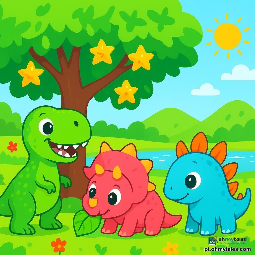 Um Tyrannossauro Rex chamado Tino, com uma pele verde brilhante e escamas reluzentes, está alegremente sob uma grande árvore com folhas brilhantes. Seus olhos brilham de excitação e seu sorriso largo revela dentes afiados, mas amigáveis. Ao lado dele, Lila, o Tricerátopo com três chifres coloridos, se inclina com curiosidade, seus grandes olhos redondos fixos em Tino, enquanto mastiga uma folha. Neco, o Estegossauro, está um pouco mais atrás, sua cauda espinhosa balançando suavemente, observando com um ar divertido. Ao fundo, uma colina suave e verde se ergue, com flores coloridas dançando ao vento. A cena acontece perto de um lago cintilante, onde o sol se reflete, criando faíscas de luz. Tino e seus amigos estão descobrindo a magnífica Árvore dos Frutos-Estrela, cercados por frutos brilhantes que parecem brilhar sob o sol.