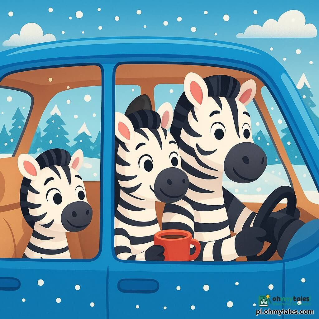 Mały zebra o imieniu Filip, z miękkim, prążkowanym futrem, siedzi w niebieskim pojeździe, patrząc przez okno z okrągłymi, zachwyconymi oczami i nieśmiałym uśmiechem na twarzy. Obok niego jego mama, ładna zebra z błyszczącymi oczami i jedwabistym futrem, uśmiecha się do niego ciepło, trzymając filiżankę gorącej czekolady, co tworzy przytulną atmosferę. Tata zebra, silny i opiekuńczy, prowadzi auto, skoncentrowany, z uspokajającym i zdeterminowanym spojrzeniem. Scena rozgrywa się w czarującym zimowym krajobrazie, gdzie delikatnie opadają płatki śniegu na spokojny las, drzewa pokryte są grubą warstwą lśniącego śniegu, a niebo ma pastelowy błękit, usiane puszystymi chmurami. Główna sytuacja ukazuje Filipa odkrywającego piękno zimy przez okno, zachwyconego bajkowymi krajobrazami, podczas gdy ciepło pojazdu kontrastuje z zimnem na zewnątrz, symbolizując bezpieczeństwo i miłość rodzinną.