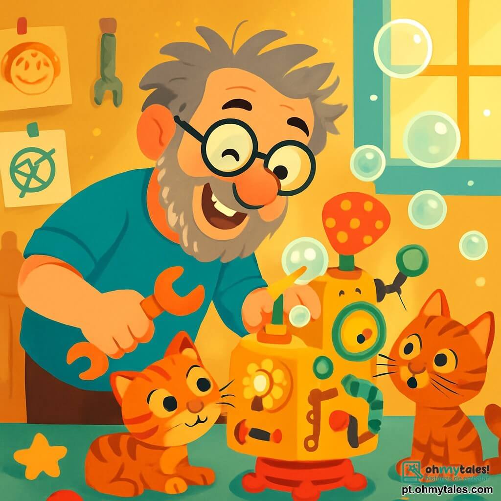 Um homem alegre, o Senhor Tó, com óculos redondos, um grande sorriso e um avental azul, está inclinado sobre uma máquina excêntrica. Seus cabelos desgrenhados e sua barba sal e pimenta acrescentam à sua aparência divertida. Ele segura uma chave inglesa em uma mão e ajusta uma peça brilhante da máquina com a outra. Ao seu lado, Bolacha, um gato curioso com pelos listrados e olhos verdes brilhantes, observa a máquina com fascínio. Ele está sentado no chão, pronto para saltar nas bolhas de sabão que saem da máquina. A cena ocorre em um ateliê colorido, cheio de ferramentas, brinquedos espalhados e desenhos pendurados na parede. Raios de sol filtram através de uma janela, iluminando bolhas de sabão flutuantes no ar. O Senhor Tó está testando sua máquina que dança e faz bolhas, provocando risadas. O gato Bolacha, intrigado, tenta pegar as bolhas que sobem, criando uma atmosfera alegre e lúdica.