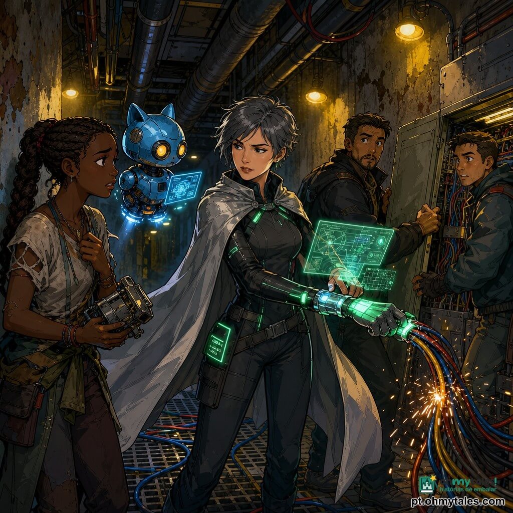 A personagem principal é Marina "Sereia de Aço" (≈35 anos), determinada, capa prateada, cabelo curto cor de chumbo, traje escuro com painéis verdes e bracelete holográfico projetando mapas, estendendo a mão para recalibrar um cabo elétrico; ao seu lado flutua Tico, um robô do tamanho de um gato, carcaça metálica azul e olhos-lentes amarelos, projetando gráficos; à esquerda, uma jovem de ~22 anos com longa trança, roupas gastas e expressão culpada, segura um aparelho desmontado e olha para Marina pedindo perdão; à direita, dois homens (30–40 anos) junto a um quadro elétrico aberto tentam recolocar um painel de cabos; cenário: corredor subterrâneo industrial com paredes de betão manchadas, tubos de aço, lâmpadas halógenas amarelas, faíscas ocasionais e piso metálico com grelha e cabos; situação: Marina impede um roubo de energia recalibrando os cabos com sua luva luminosa enquanto Tico projeta dados, a jovem baixa a cabeça e os homens ficam imóveis — atmosfera tensa, voltada à reparação e ao diálogo.