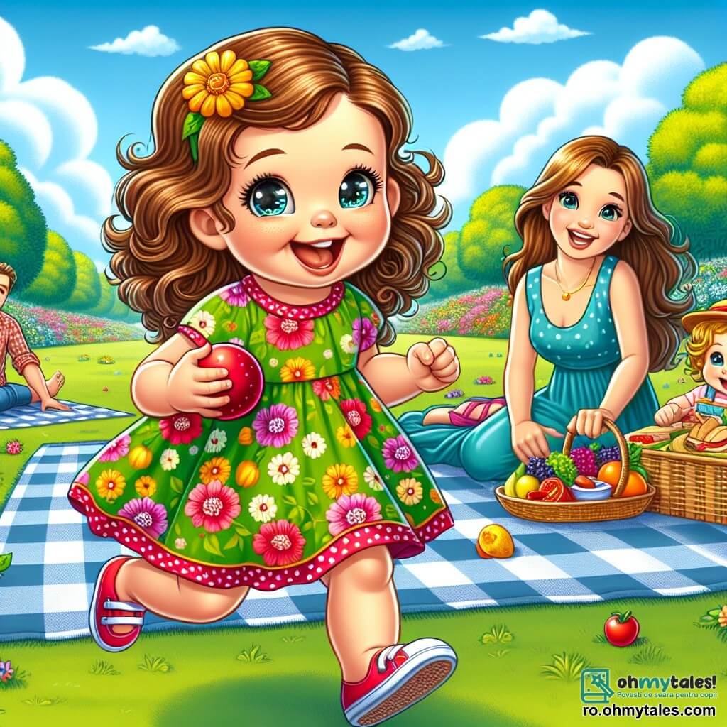 O fetiță de 2 ani, cu ochi mari și strălucitori și păr creț, poartă o rochie colorată cu flori. Ea zâmbește fericită, alergând printr-un parc însorit, ținând o minge roșie în mâini. Lângă ea, mama ei, o femeie de aproximativ 30 de ani, cu păr lung și brunet, stă pe o pătură mare cu carouri, zâmbind și privindu-și fiica cu tandrețe. Tata ei, un bărbat de aproximativ 35 de ani, cu o barbă ușoară și o pălărie de paie, pregătește un coș de picnic, înconjurat de fructe colorate și sandvișuri apetisante. Locația este un parc verde, plin de flori strălucitoare, cu copaci mari și umbroși, și un cer albastru deschis presărat cu câteva nori albi. Situația principală o arată pe fetiță jucându-se fericită cu mingea, în timp ce părinții ei se ocupă de picnic, creând o atmosferă de fericire familială și relaxare de vară.