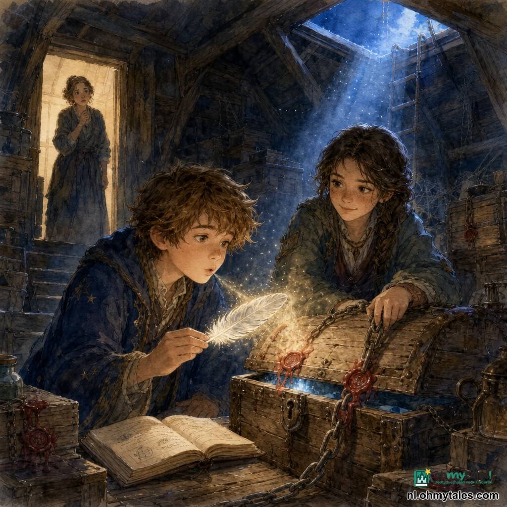 Hoofdpersoon: een ongeveer 12-jarige jongen-sorcerer met warrig lichtbruin haar, nieuwsgierige vastberaden ogen en een zacht, geconcentreerd gezicht; hij houdt een zilveren magische veer boven een open schrift en blaast zacht naar een oude gebarsten houten kist. Naast de kist staat de 14-jarige Liora, bemiddelaar, met gevlochten bruin haar, versleten jas met zakken en een guitige maar geruststellende blik, hand op de losse ketting en beschermend naar de jongen gericht. Secundair aanwezig is tante Wieke (~40) als silhouet in de deuropening onderaan de trap, in een eenvoudige jurk met bezorgde wenkbrauwen. Locatie: een oude houten zolder met donkere balken, stofdeeltjes in zonnestralen, gestapelde kisten met rode waszegels en een open luik waar blauw licht doorvalt. Situatie: intiem magisch moment — de zilveren veer geeft een fijne gloed en warme adem die de was doet smelten; de kist gaat op een kier en een kleine blauwe binnenlichtglans verschijnt, het geheel straalt rust en hoop uit. Stijl: zachte aquarel met transparante wassen, zichtbare houttexturen, koele blauwtinten met warme accenten in rood en goud, fijne lijnen en duidelijke expressies geschikt voor kinderen.