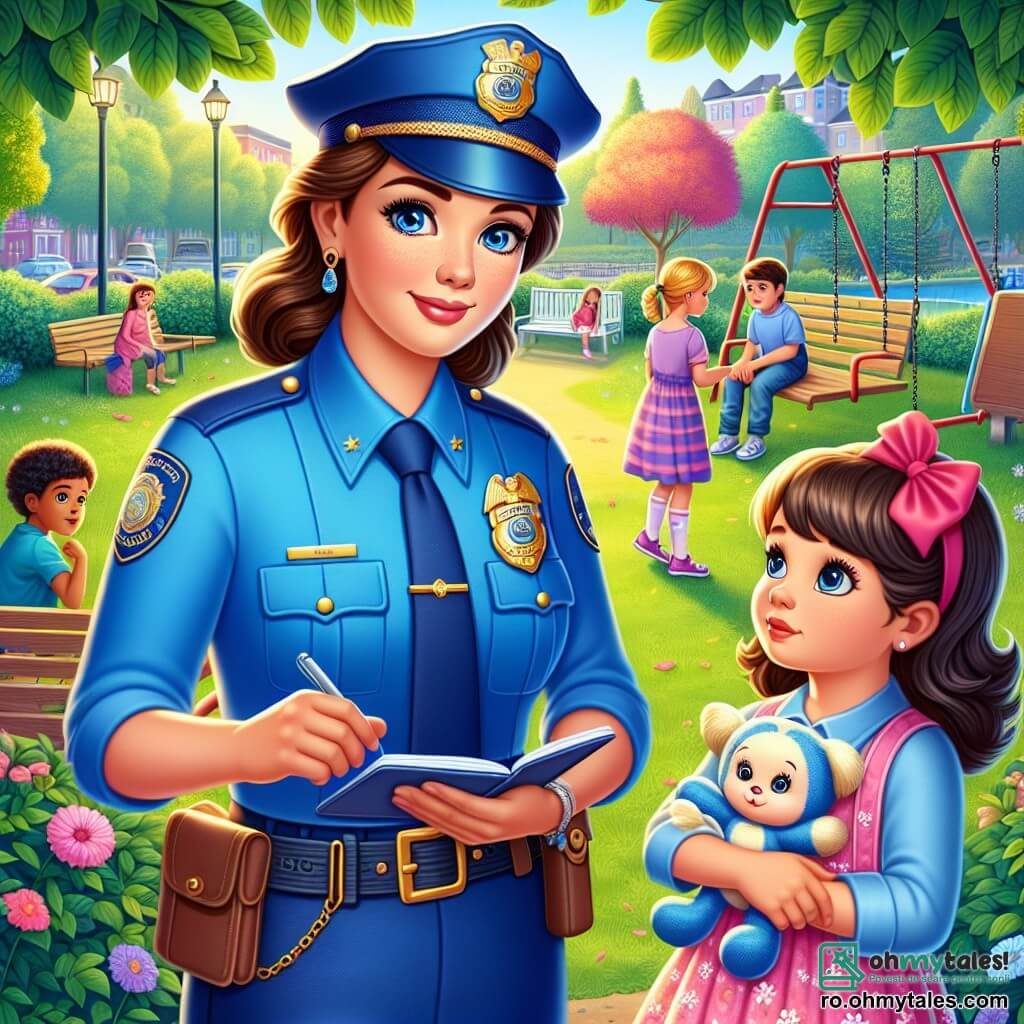 O polițistă, Corina, stă în centrul imaginii, purtând un uniform albastru strălucitor și un brâu mare cu buzunare. Fața ei este blândă și hotărâtă, cu ochi strălucitori de compasiune. Se apleacă ușor înainte, având un carnet de notițe în mână, pregătită să asculte copiii. În dreapta ei, Mara, o fetiță de 8 ani cu o rochie roz frumoasă și o fundă roșie mare în păr, o privește pe Corina cu ochi plini de speranță. Ține în brațe o jucărie de pluș, o păpușă mică. În fundal, un parc verde cu copaci frunzoși și flori colorate, copii jucându-se pe leagăne și o bancă din lemn unde alți copii discută. Situația principală o arată pe Corina interogând-o pe Mara și prietenii ei, toți vizibil îngrijorați, în timp ce caută cățelul lor mic Zubi, care a dispărut. Copiii sunt adunați în jurul Corinei, fețele lor exprimând atât frică, cât și speranță, în timp ce un zgomot mic de frunze se aude în depărtare.