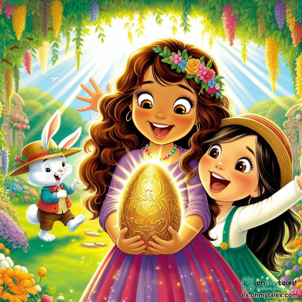 Una niña de 8 años, llamada Sofía, con grandes ojos brillantes y cabello castaño rizado, sonríe con asombro mientras sostiene un huevo de Pascua dorado y brillante en sus manos. A su lado, su mejor amiga Lucía, también de 8 años, con cabello largo y liso, vestida con un vestido colorido, salta de alegría con los brazos levantados hacia el cielo. Al fondo, se ve a Don Conejo, un pequeño conejo blanco con un sombrero de paja, que sonríe con gratitud, con sus grandes orejas erectas. La escena tiene lugar en un jardín encantador, lleno de flores de colores vivos, arbustos verdes y un estanque que brilla bajo el sol. Rayos de luz filtran a través de las ramas de los árboles, creando una atmósfera mágica. Sofía y Lucía acaban de descubrir el valioso huevo dorado, flotando en la superficie del agua, y expresan su alegría y emoción, rodeadas por la belleza del jardín y la magia de Pascua.