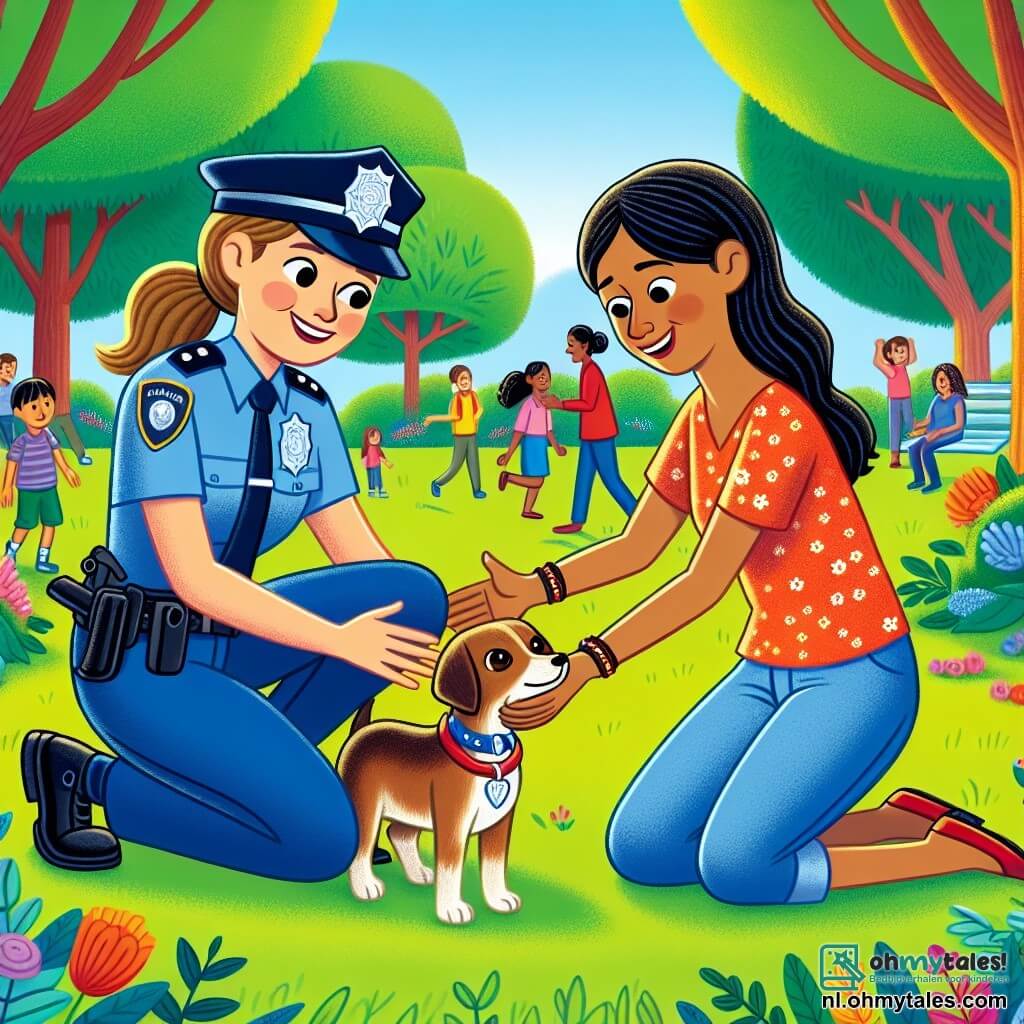 Emma, een jonge politieagente in een blauw uniform, glimlachend en vol energie, zit in een groen park en houdt een kleine bruine hond met een rode halsband in haar armen. Naast haar staat een vrouw van ongeveer dertig jaar met bruin haar en bezorgde ogen, die haar blijdschap uitdrukt door haar armen naar haar teruggevonden hond te strekken. Het park is gevuld met bomen met stralend groene bladeren, kleurrijke bloemen en een paar kinderen die in de verte spelen. De belangrijkste situatie toont Emma die de vrouw helpt haar verloren hond terug te vinden, wat een moment van geluk en solidariteit in de gemeenschap illustreert.