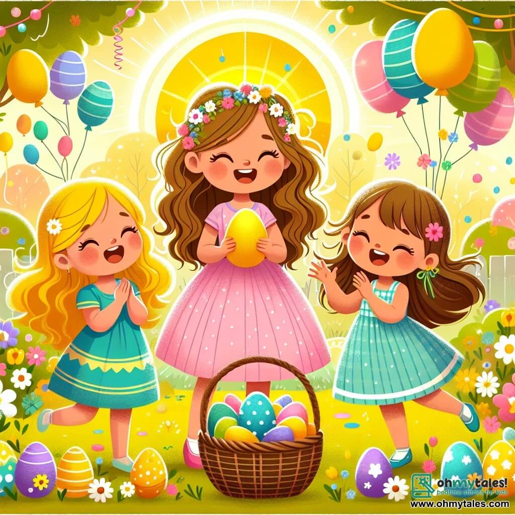 Three joyful girls, about 7 years old, stand in the center of a sunny garden. Mia, wearing a pink dress and with curly brown hair, smiles while holding a golden egg in her hands. To her right, Lily wears a blue dress and has long braided blonde hair, jumping with sparkling eyes. On the left, Zoe, dressed in a bright yellow dress with brown hair in pigtails, claps enthusiastically. The garden is filled with colorful flowers, floating balloons, and painted eggs of all colors, creating a festive and cheerful atmosphere. In the background, a large wicker basket overflows with multicolored eggs, sparkling in the sun. The three friends are sharing Easter eggs with their classmates, laughing and singing together, while other children join them, all having fun in this spring scene full of happiness and camaraderie.