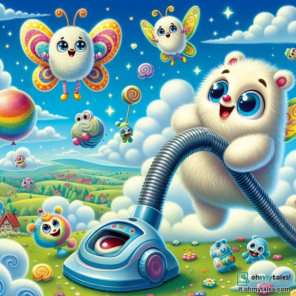 Fluffo, un personaggio pelucheo con grandi occhi blu e un sorriso splendente, sta guidando un aspirapolvere gigante nel cielo, pieno di entusiasmo e gioia. Accanto a lui, Piumina, una piccola creatura con ali di farfalla scintillanti, vola con espressione curiosa, cercando nuvole morbide da afferrare. Bubblo, un grosso pallone colorato, rimbalza gioiosamente a terra, ridendo e incoraggiando i suoi amici a prendere le nuvole. Il cielo è di un blu splendente, punteggiato di nuvole a forma di caramelle, e il paesaggio sottostante è un vasto prato verde, costellato di fiori colorati e piccoli alberi danzanti. La scena trasmette un'atmosfera di felicità e amicizia, con scoppi di risate che sembrano fluttuare nell'aria. In questo momento centrale, Fluffo, Piumina e Bubblo si preparano ad afferrare una nuvola morbida, mentre un grosso piccione si posa sulla ventola dell'aspirapolvere, causando un momento di caos esilarante.