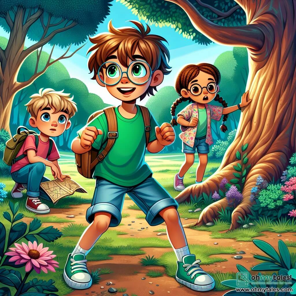 A 9-year-old boy named Jasper is at the center of the image. He has tousled light brown hair, sparkling curious eyes, and a wide smile showing his excitement. He wears a bright green t-shirt and denim shorts, with a small backpack on his shoulder, holding an old treasure map, his eyes fixed on a majestic tree. Next to him is his best friend Mia, also 9, with braided brown hair and round glasses, looking at the map with determination. She wears a floral blouse and pink shorts, crouching down to examine the ground as if searching for clues. A little further away, Riley, another 9-year-old friend with curly blonde hair, stands with her arms crossed, focused on the surroundings for signs that could help in their quest. The setting is a lush green park filled with tall trees, colorful flowers, and a small stream winding through the grass. Sunlight filters through the branches, casting dancing shadows on the ground. The main scene shows Jasper and his friends discovering an old wooden chest hidden under the tree's roots, their faces lit up with wonder and excitement at what they might find inside.