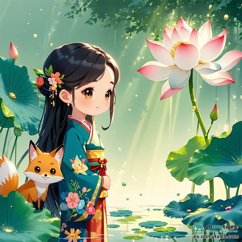Aiko, una niña de diez años, se encuentra en el centro de la imagen, con largos cabellos negros y ojos llenos de curiosidad. Lleva un kimono colorido adornado con motivos florales, y su rostro expresa asombro y determinación mientras observa una hermosa flor de loto que brilla bajo el sol. A su lado, Kitsu, un pequeño zorro de pelaje dorado, observa atentamente la flor, sus ojos traviesos reflejando su inteligencia y sabiduría. Está sentado sobre sus patas traseras, listo para ayudar a Aiko en su aventura. El escenario es un claro encantado en el corazón de un bosque japonés, rodeado de grandes árboles de hojas verdes vibrantes, con rayos de sol filtrándose a través de las ramas, iluminando el suelo cubierto de flores coloridas y suave musgo. La situación principal muestra a Aiko descubriendo la flor de loto mágica, un momento clave de su aventura, donde escucha la voz del espíritu del bosque invitándola a continuar su viaje hacia la sabiduría y el coraje.