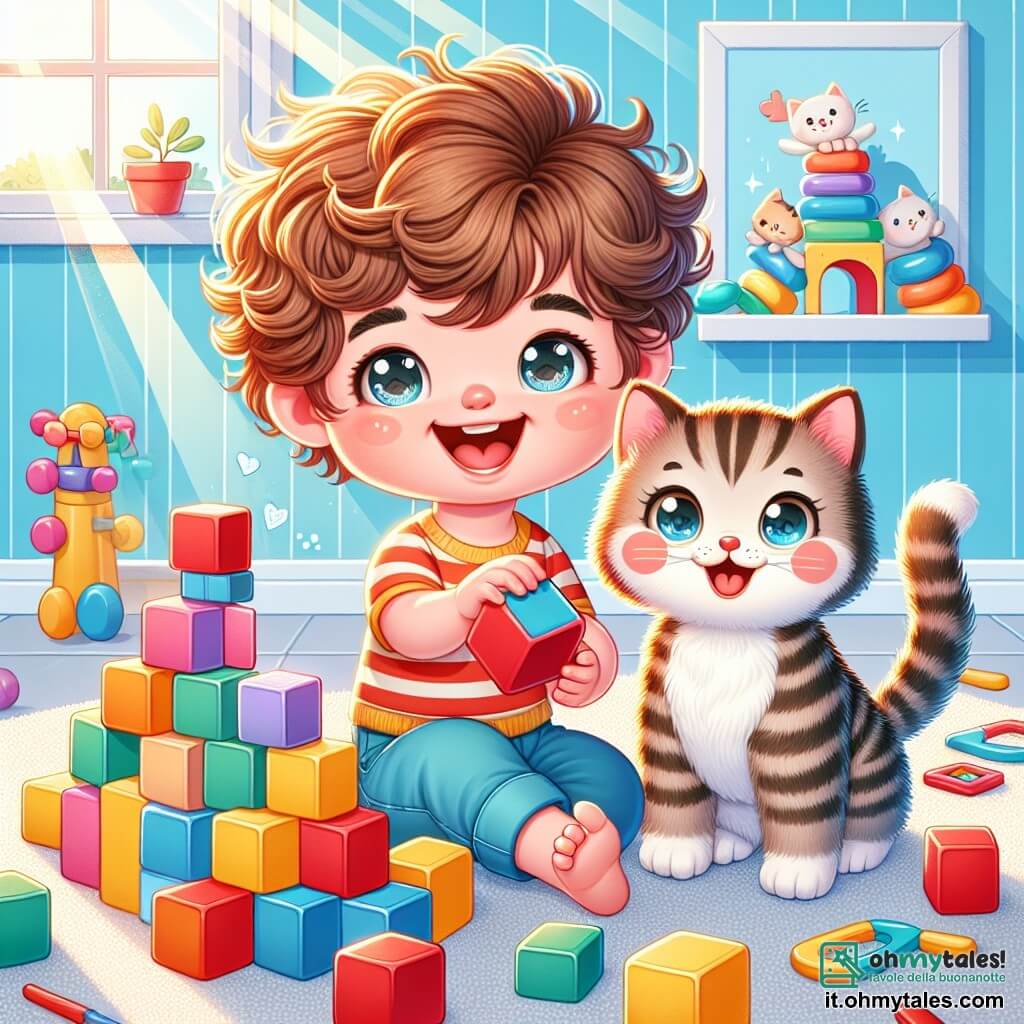 Un bambino di un anno, con capelli castani e ricci, grandi occhi scintillanti di gioia, è seduto per terra, circondato da blocchi colorati. Sorride ampiamente, con le piccole mani che tengono un blocco rosso, mentre un gattino tigrato, Leo, salta felice accanto a lui, con un'espressione birichina. La scena si svolge in una stanza luminosa, piena di giocattoli colorati, con pareti dipinte di azzurro chiaro e un tappeto morbido dove il bambino e il gatto giocano. I raggi di sole filtrano da una finestra, illuminando la scena con una luce calda. Il bambino e Leo stanno costruendo una torre di blocchi colorati. La torre è instabile e sta per cadere, mentre il bambino ride, pronto a vedere la torre crollare, e Leo, con le sue zampette, sembra sul punto di far cadere l'ultimo blocco.