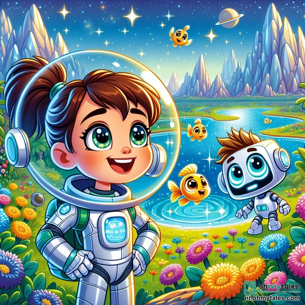 Lila, een dappere astronaut met bruin haar in een paardenstaart, draagt een glanzend zilveren ruimtepak. Ze heeft sprankelende ogen van opwinding en een brede glimlach terwijl ze op een groen-blauwe planeet staat, omringd door kleurrijke bloemen. Naast haar kijkt Pixel, een robot met ronde vormen en heldere ogen, nieuwsgierig naar de gouden vissen die in een sprankelend meer zwemmen. Sam, een jongen van ongeveer 10 jaar met blond, rommelig haar, draagt een vergelijkbaar ruimtepak als Lila en kijkt verwonderd naar de betoverende landschappen. De locatie is een prachtige planeet met majestueuze zilveren bergen onder een sterrenhemel en een heldere blauwe meer dat de felle kleuren van de bloemen weerspiegelt. De belangrijkste situatie toont Lila en haar vrienden die deze fascinerende wereld verkennen, verwonderd door de schoonheid om hen heen, terwijl ze vreemde wezens en magische landschappen ontdekken.