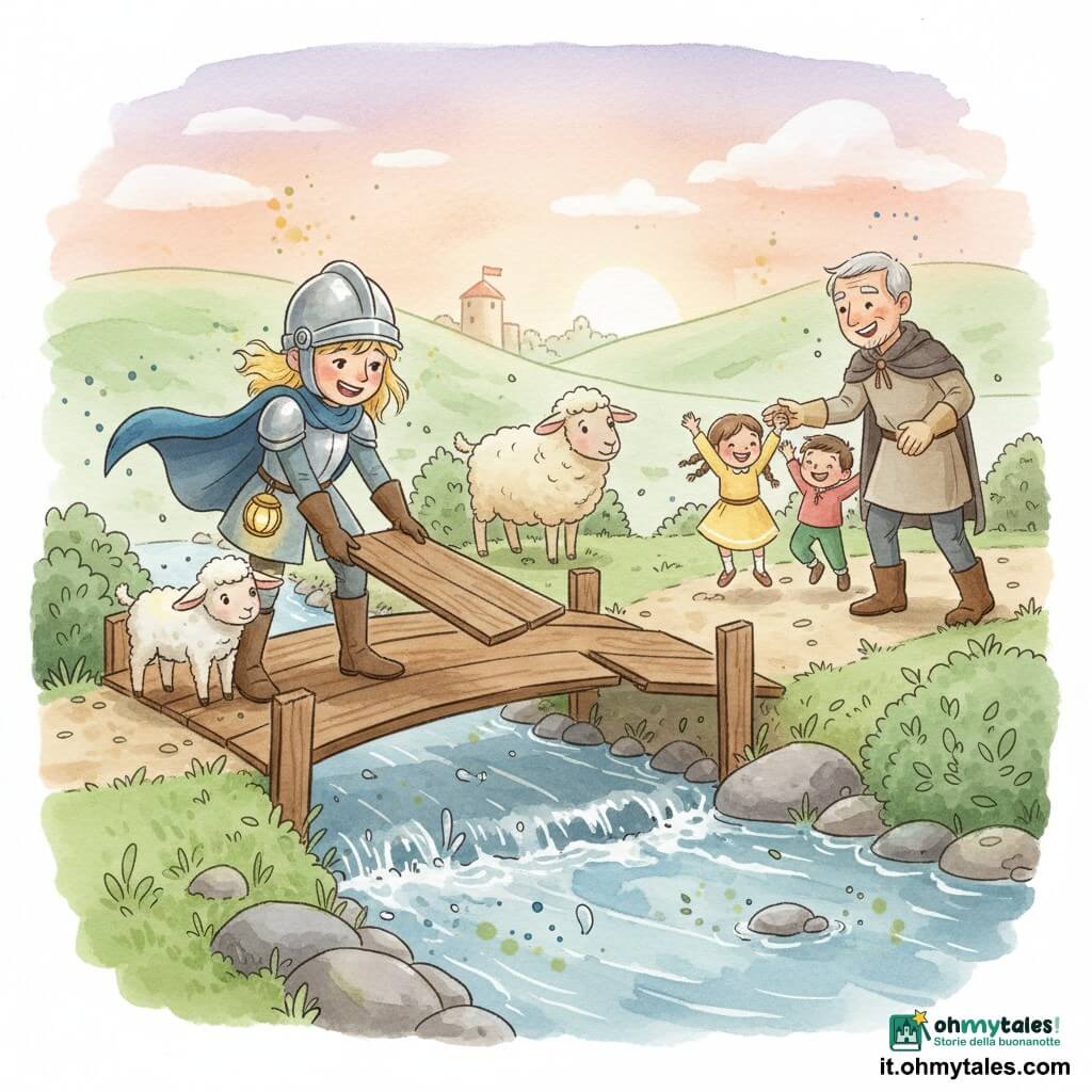 Una giovane cavalleressa sorridente e determinata, elmo lucente e piccolo mantello blu, guanti alle mani mentre posa tavole di legno su un ponte rotto sopra un ruscello, una lanterna alla cintura. Un agnellino bianco e soffice accoccolato vicino agli stivali, mamma pecora con lana color crema a pochi passi, sollevata. Un anziano capo del villaggio (circa 60 anni) coi capelli grigi e mantello semplice stringe la mano alla cavalleressa, leggermente dietro a destra. Due bambini (circa 6–7 anni) in abiti colorati saltellano di gioia sulla parte riparata del ponte, braccia alzate. Ambientazione: piccolo ponte di legno parzialmente rotto su ruscello limpido con sassi lisci, colline verdi ondulate, un piccolo castello beige in lontananza e alberi dalle foglie verde tenue; cielo al tramonto pesca e lavanda. Scena principale: riparazione del ponte al crepuscolo, gesti precisi e coraggiosi, atmosfera calda e rassicurante, spruzzi d'acqua e tocchi acquerellati per movimento e dolcezza.