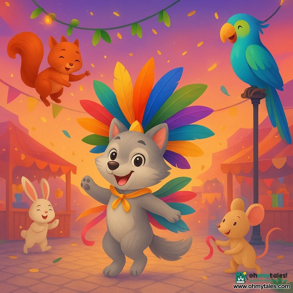 The main character is Lupo, a small child wolf with light gray fur and cream highlights, a radiant expression and sparkling eyes, wearing a large multicolored feather fan-mask (red, orange, yellow, green, blue, purple) with a gold ribbon; he spins and dances as the feathers open like wings. Momo the squirrel is small with a reddish chest and bushy tail, smiling and hanging from a garland of shiny leaves above Lupo while tossing golden confetti. Tilly the little mouse is pale beige, shy but joyful, holding a pink ribbon and twirling with small steps to Lupo’s right near the grass. Zazu the parrot is large with bright blue and green plumage, perched on a decorated lamppost, watching and whistling while dropping a colorful feather. Pippa the white rabbit with long pink ears hops in the background, laughing and clapping near a stall of shiny papers. The setting is the village square paved and decorated with hanging lanterns, colorful banners, painted wooden stalls and confetti floating at sunset. Main scene: a vibrant moving carnival parade — Lupo centered, dancing with his fan-mask opening into a luminous fan, feathers flying, ribbons floating, a bell tinkling, and friends laughing around in a warm festive atmosphere.