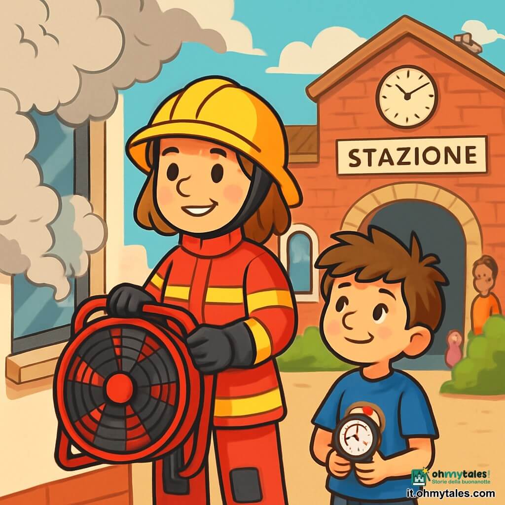 Una donna pompiere, di nome Marta, si erge orgogliosamente davanti a una stazione ferroviaria, con il suo casco giallo brillante sotto il sole del mattino. Ha un sorriso determinato e occhi scintillanti di coraggio. Indossa una tuta rossa con strisce riflettenti e guanti neri, tenendo un ventilatore rosso tra le mani. Accanto a lei, un giovane ragazzo di nome Leo, di circa 10 anni, osserva con ammirazione. Ha i capelli castani disordinati e indossa una maglietta blu con un logo di pompiere. Tiene un piccolo manometro tra le mani, pronto ad aiutare. Sullo sfondo, la stazione ferroviaria è maestosa, con muri di mattoni rossi e un grande orologio sopra l'ingresso. Piccioni si posano sul tetto, mentre passanti curiosi osservano la scena. La situazione principale mostra Marta e Leo mentre ventilano una stanza piena di fumo nella stazione, con nuvole di fumo grigio che fuoriescono dalla finestra aperta. L'aria fresca entra, e l'atmosfera è piena di speranza e determinazione.