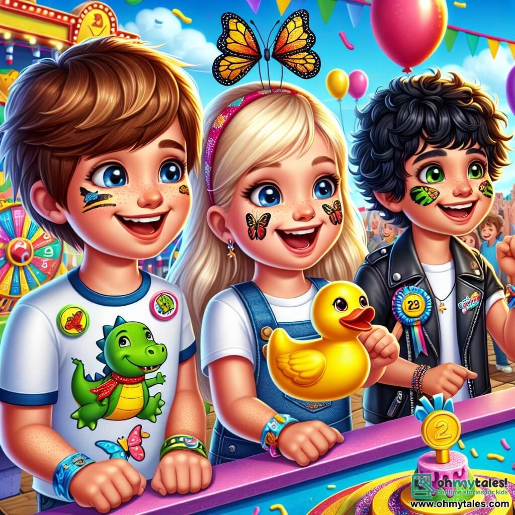 An 8-year-old boy, Oliver, with messy brown hair and a colorful T-shirt decorated with dancing dinosaurs, smiles in wonder as he holds a small yellow plastic duck in his hands. Next to him, Mia, an 8-year-old girl with long blonde hair, has her face painted like a butterfly and looks at Oliver with excitement, while Leo, an 8-year-old boy with curly black hair, makes a victory gesture with a shiny ribbon around his neck. The setting is a vibrant carnival, with colorful game booths, balloons floating in the blue sky, and a large cake decorated with sparkling sprinkles at the center. The main scene shows Oliver, Mia, and Leo laughing together, surrounded by laughter and music, as they celebrate their magical day at the carnival, ready to participate in a duck game.