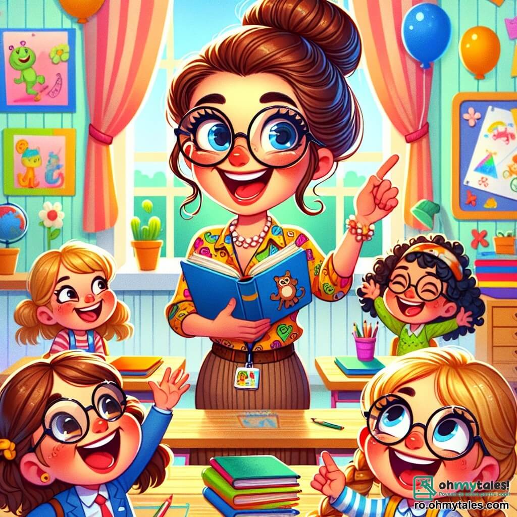 O învățătoare, Maria, este o femeie zâmbitoare de aproximativ treizeci de ani, cu părul brun prins în coc și ochelari rotunzi. Ea poartă o bluză colorată decorată cu desene de animale și ține o carte deschisă în mâini, exprimând o mare bucurie și entuziasm în timp ce se uită la elevii ei. Printre elevi se află Ana, o fetiță timidă de 8 ani, cu părul lung blond împletit și ochelari. Ea este așezată la o masă, ridicând mâna cu un zâmbet uimit, pregătită să răspundă la o întrebare. Andrei, un băiat de 9 ani cu părul creț și o șapcă, stă lângă ea, râzând și încurajând-o. Scena se desfășoară într-o clasă luminoasă, plină de decorațiuni colorate, desene de copii agățate pe pereți și baloane plutitoare la tavan. Mesele din lemn sunt dispuse în cerc, creând o atmosferă prietenoasă și veselă. Situația principală o arată pe Maria, înconjurată de elevii ei, organizând o petrecere de sfârșit de an. Copiii sunt excitați, ridicând mâinile pentru a participa la un joc de întrebări și răspunsuri, în timp ce aerul este plin de râsete și bună dispoziție.