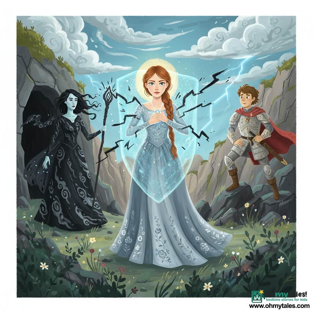 Princess (female), about 16, determined serene face, long auburn hair in a braid, flowing silver-blue dress with floral embroidery, holding a glowing pendant at her chest that creates a shimmering shield; Morgana the witch (female), about 40, pale skin, tangled black hair, dark stained robe with mist patterns, wielding a twisted staff emitting black magic, standing slightly back left of a cave entrance; Knight Alexander (male), about 22, weathered light armor, creased red cape, sword sheathed, awed and worried, watching from rocks to the right; location: mountain summit with a dark cave, jagged cliffs, swirling clouds and blue lightning, trampled grasses and a few bright flowers in foreground, cool palette warmed by the pendant; main situation: dramatic confrontation as the princess’s pendant absorbs and disperses bolts of dark magic, dynamic composition with contrast lighting highlighting her face and the pendant’s halo.