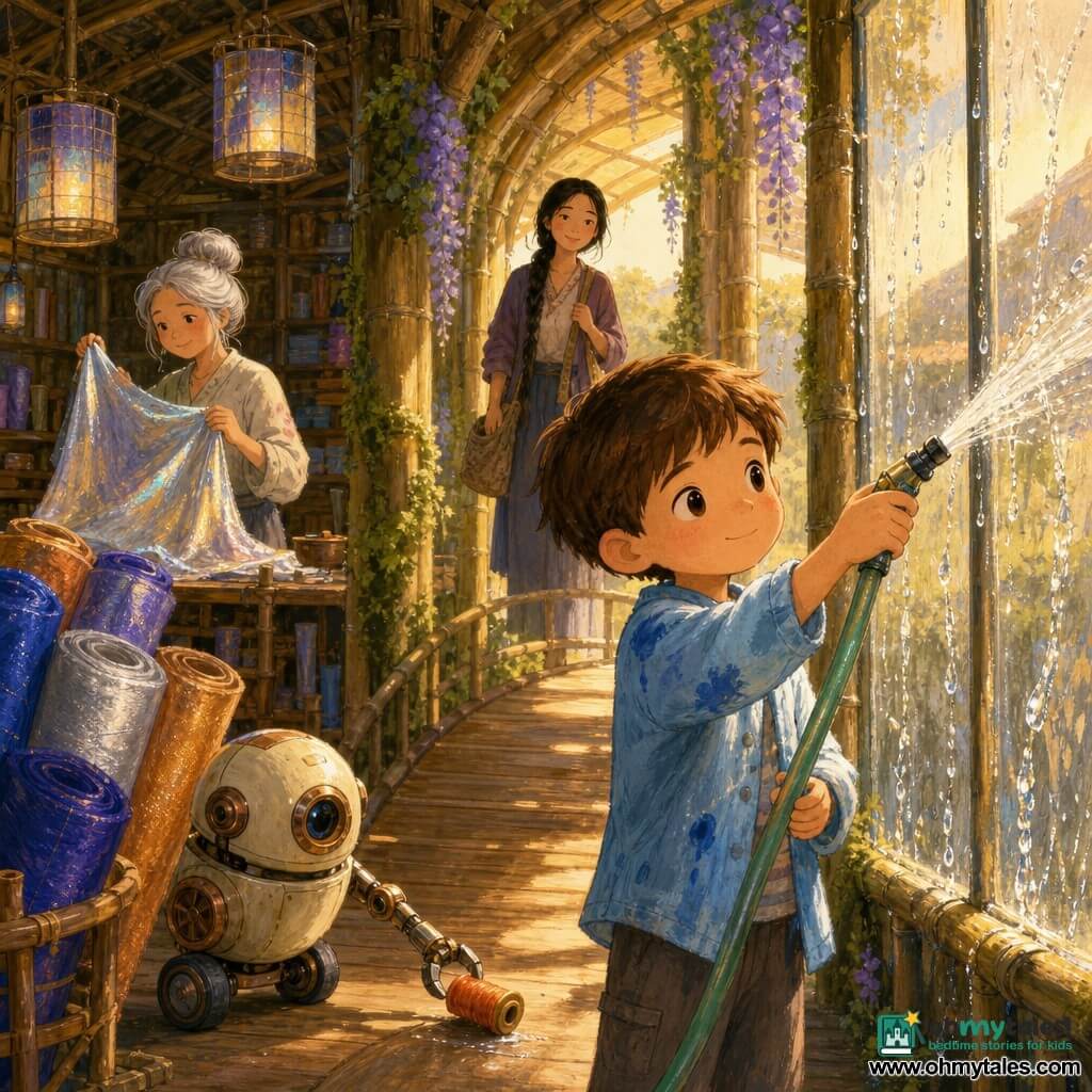 A calm, proud 6-year-old boy with short chestnut hair and bright round eyes, wearing a light blue water-stained jacket, gently holds a pale green hose and directs a stream of water at a large dirty window, his expression focused and serene as he leans forward; Mira, about 30–40, silver-gray hair in a high bun and light skin, wearing a dye-stained smock, smiles in the background near a workbench holding a shimmering cloth; Luca’s mother, around 30, with braided black hair and carrying a bag, stands by the entrance watching kindly; a small cream-and-copper round wheeled robot retrieves a fallen spool with an articulated arm. The workshop under a curved bamboo bridge has warm wooden planks, iridescent fabric rolls, a tall dusty window, solar fabric lamps, wisteria and green moss on the pillars; the scene captures the precise moment water cleans the glass—droplets running in bright streaks, fabrics on the bench glowing softly—bathed in golden late-afternoon light with soft gouache-like textures and visible brushstrokes.