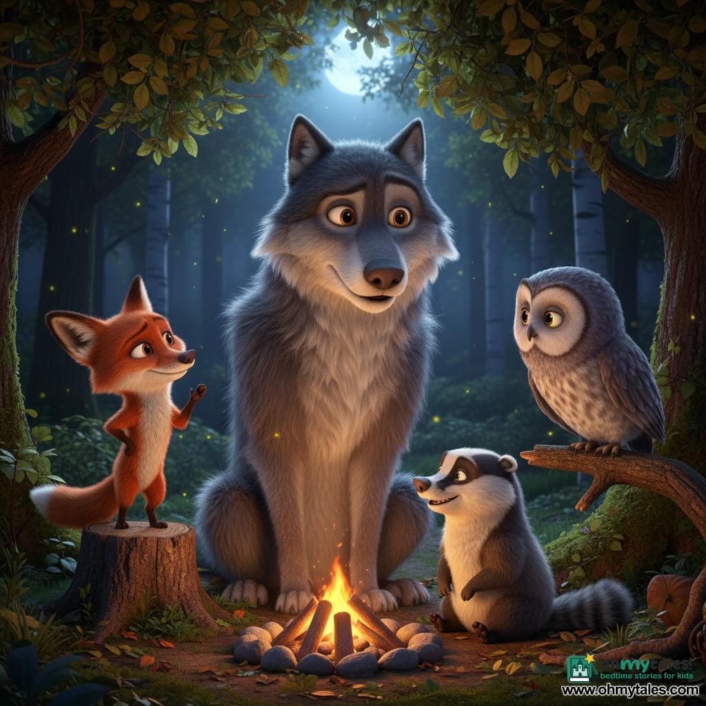 A large imposing but gentle wolf (main) with textured mouse-gray fur and bright amber eyes, leaning slightly forward and sitting by a campfire speaking softly; a sly red fox (secondary), small with a fine snout and mischievous curious eyes, standing left on a stump with a raised paw; a wise gray owl with barred soft plumage and large attentive round eyes perched on a low branch to the right, leaning in to listen and advise; a sturdy courageous badger with brown and black fur, a small confident smile, seated in the foreground on leaves, looking at the wolf and ready to help; a nighttime forest clearing with green moss, gnarled trunks and vaulted branches, silver moonlight through the foliage and floating fireflies; a warm reconciliation scene around the campfire between the wolf and his friends, intimate composition centered on expressive faces with soft contrasted lighting (orange fire glow and cool moonlight).