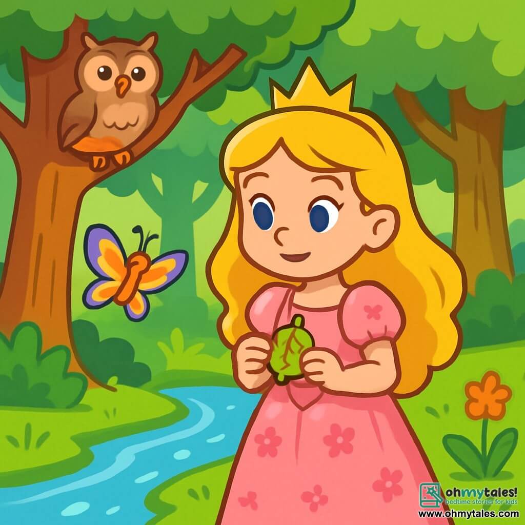 A princess named Elara, about 10 years old, stands by a sparkling stream, with golden hair shining in the sun and bright blue eyes full of curiosity. She wears a light pink satin dress adorned with delicate flowers, and her face shows gentle determination. Beside her, a colorful butterfly flits joyfully, adding a touch of magic to the scene. In a nearby tree, a wise owl with brown feathers and round eyes watches benevolently from a branch, ready to offer advice. The setting is an enchanted forest filled with majestic trees and vibrant green leaves, while rays of sunlight filter through the foliage, creating patterns on the ground. The main scene shows Elara holding a leaf-shaped medallion, her face lit up by discovery, as the stream softly murmurs at her feet and the butterfly dances around her, symbolizing the adventure that awaits.
