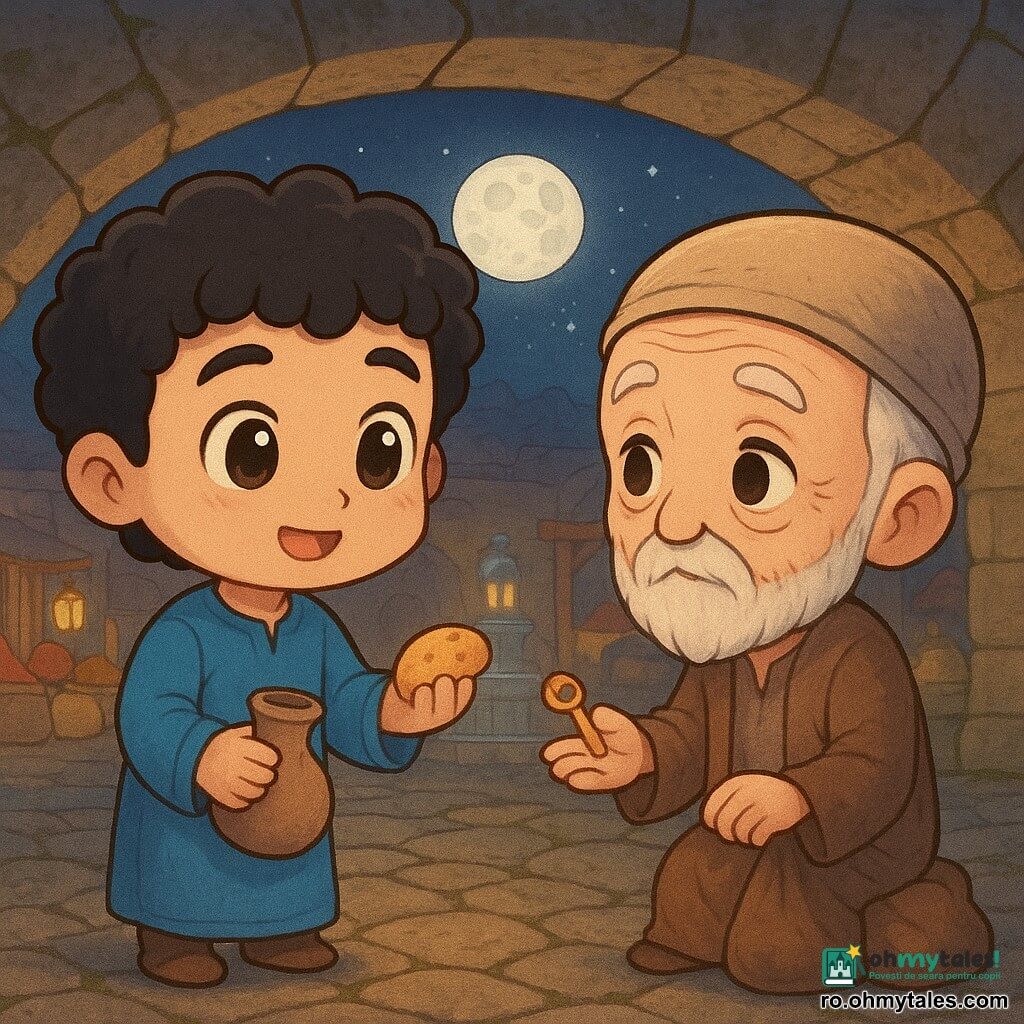 Un bărbat pe nume Amir, chip rotund și zâmbitor, ochi mari și strălucitori, păr negru și creț, poartă o tunică albastră și ține o bucată de pâine într-o mână și o ulcică mică cu apă în cealaltă; un bărbat foarte bătrân de circa 80 de ani, firav, cu barbă scurtă albă și ochi blânzi, are o lampă stinsă și un sac gol la picioare și întinde o mână aspră în care strălucește o cheiță mică de cupru; un pod de piatră vechi cu pietre neregulate și arcade joase, cu mușchi, sub o lună plină ca o monedă de argint; în fundal se zărește un bazar nocturn cu saci de condimente colorate, felinare galbene și o fântână de piatră sclipind; situația principală: Amir îi oferă pâine și apă bătrânului sub pod, cheița de cupru strălucește slab, atmosferă blândă și misterioasă, culori calde și contraste nocturne.