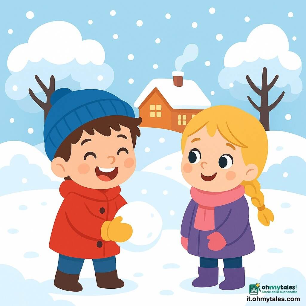 Ci sono 2 personaggi principali: Leo, un bambino di 5 anni con capelli castani disordinati, che indossa un cappotto rosso vivo, un berretto blu e guanti gialli, mentre raccoglie neve per fare una palla con un grande sorriso; e Anna, una bambina di 4 anni con capelli biondi intrecciati, che indossa una sciarpa rosa e stivali viola, accanto a Leo, lo osserva con occhi scintillanti di gioia. Il luogo è un giardino innevato, con fiocchi di neve che cadono dolcemente dal cielo, alberi coperti da uno spesso strato di neve bianca e un terreno lucido e soffice. Sullo sfondo si intravede una casa accogliente con luce che brilla dalle finestre. La scena principale mostra Leo e Anna che giocano nella neve, ridendo e divertendosi a creare una palla di neve insieme, circondati da un paesaggio invernale magico e luminoso.