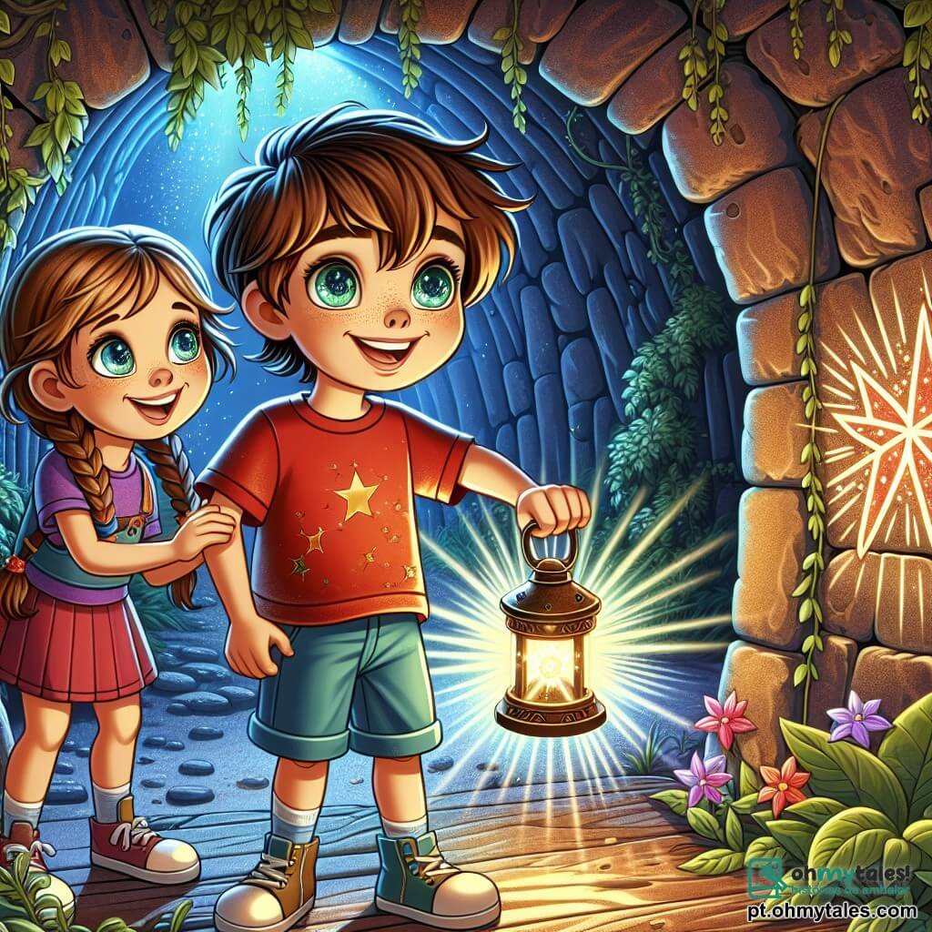 Um menino chamado Tomás, com cerca de 10 anos, está no centro da imagem, com os olhos brilhando de admiração e um grande sorriso no rosto. Ele tem cabelos castanhos bagunçados e usa uma camiseta vermelha com um short azul, segurando uma pequena lanterna que ilumina seu caminho. Ao seu lado, sua melhor amiga Clara, uma menina de 9 anos com cabelos loiros trançados, aponta para uma estrela brilhante desenhada na parede do túnel, exibindo uma expressão de curiosidade e excitação. O lugar é um túnel misterioso, com paredes de pedra rugosa, onde desenhos de estrelas cintilantes iluminam a escuridão. Plantas trepadeiras cercam a entrada do túnel, acrescentando um toque de verde à atmosfera sombria. A luz da lanterna cria sombras dançantes nas paredes, acentuando o sentimento de aventura. Tomás e Clara estão prontos para descobrir o Jardim das Estrelas, em uma atmosfera de suspense e exploração, prestes a abrir uma antiga porta de madeira cheia de gravuras que os levará a um mundo mágico repleto de cores vibrantes e maravilhas.