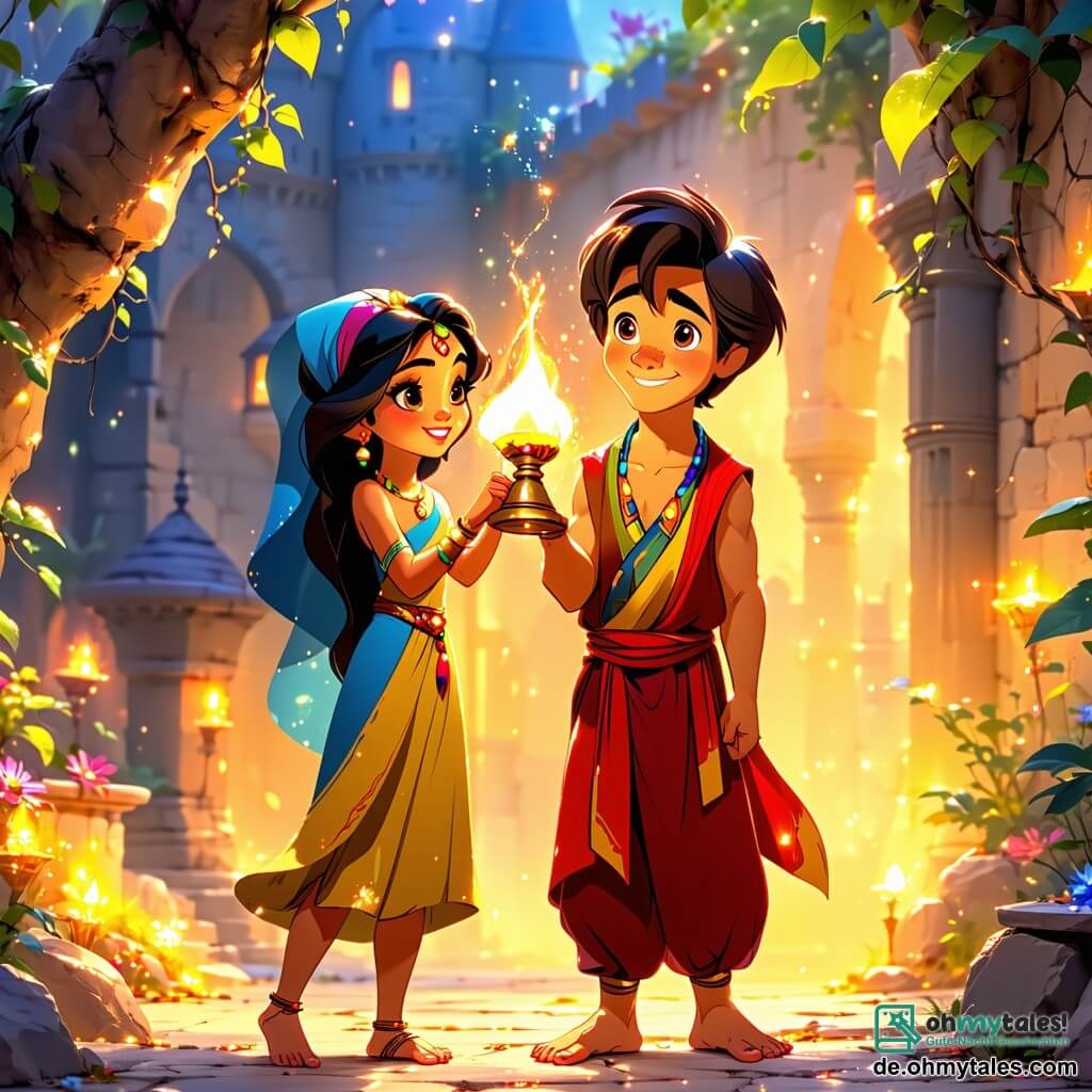 Aladdin, ein junger Junge mit braunen Haaren und neugierigen Augen, steht im Mittelpunkt der Szene, sein Gesicht von einem entschlossenen Lächeln erleuchtet. Er trägt eine bunte Tunika und weite Hosen und hält eine geheimnisvolle Lampe in der Hand, die in goldenem Licht strahlt und Hoffnung und Veränderung symbolisiert. Neben ihm steht ein etwa 12-jähriges Mädchen namens Layla mit langen schwarzen Haaren und strahlenden Augen, das Aladdin bewundernd ansieht. Sie trägt ein traditionelles Kleid mit bunten Mustern und hält ein offenes Buch in den Händen, bereit, ihr Wissen zu teilen. Im Hintergrund beobachtet ein alter weiser Mann von etwa 70 Jahren mit einem langen weißen Bart und abgetragenen Kleidern die Szene wohlwollend. Er sitzt auf einer Holzbank, umgeben von blühenden Pflanzen, und scheint Aladdin und Layla in ihrer Suche zu ermutigen. Der Ort ist ein lebhafter Markt in Neoteria, gefüllt mit bunten Ständen, funkelnden Laternen und lebhaften Menschen, die Lächeln und Lachen austauschen. Stände mit exotischen Früchten und schimmernden Stoffen verleihen der Umgebung einen Hauch von Magie. Die Hauptsituation zeigt Aladdin, der die Lampe gen Himmel hebt, während Lichtstrahlen daraus hervorschießen und die Gesichter der staunenden Passanten erleuchten. Es ist ein Moment der Transformation, in dem Hoffnung und Gleichheit in der Stadt zu blühen beginnen und den Beginn eines neuen Kapitels symbolisieren.