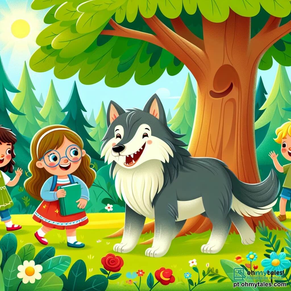 Em um belo bosque verdejante, três crianças estão perto de um grande carvalho. À esquerda, Luna, uma menina de 8 anos com longos cabelos castanhos e olhos brilhantes, usa um vestido colorido e sorri curiosa. À direita, Miguel, um garoto de 9 anos com cabelos loiros e olhos azuis, ri com os braços levantados como se estivesse prestes a correr. No centro, Ana, uma menina de 7 anos com cabelos cacheados e óculos, observa o lobo com uma expressão intrigada, segurando um pequeno livro nas mãos. À frente deles, o grande lobo, imenso e majestoso, tem pelagem cinza e olhos brilhantes como estrelas. Ele está em suas patas traseiras, sorrindo calorosamente, mostrando que não é ameaçador. O local é um bosque ensolarado, repleto de árvores com folhas verdes vibrantes, flores coloridas e um suave tapete de musgo no chão. Raios de sol filtram-se pelas ramas, criando uma atmosfera mágica e acolhedora. A cena principal mostra as crianças e o lobo brincando juntos, com o lobo contando alegremente até vinte enquanto as crianças se escondem atrás das árvores, ilustrando a amizade inesperada que se desenvolve entre eles.