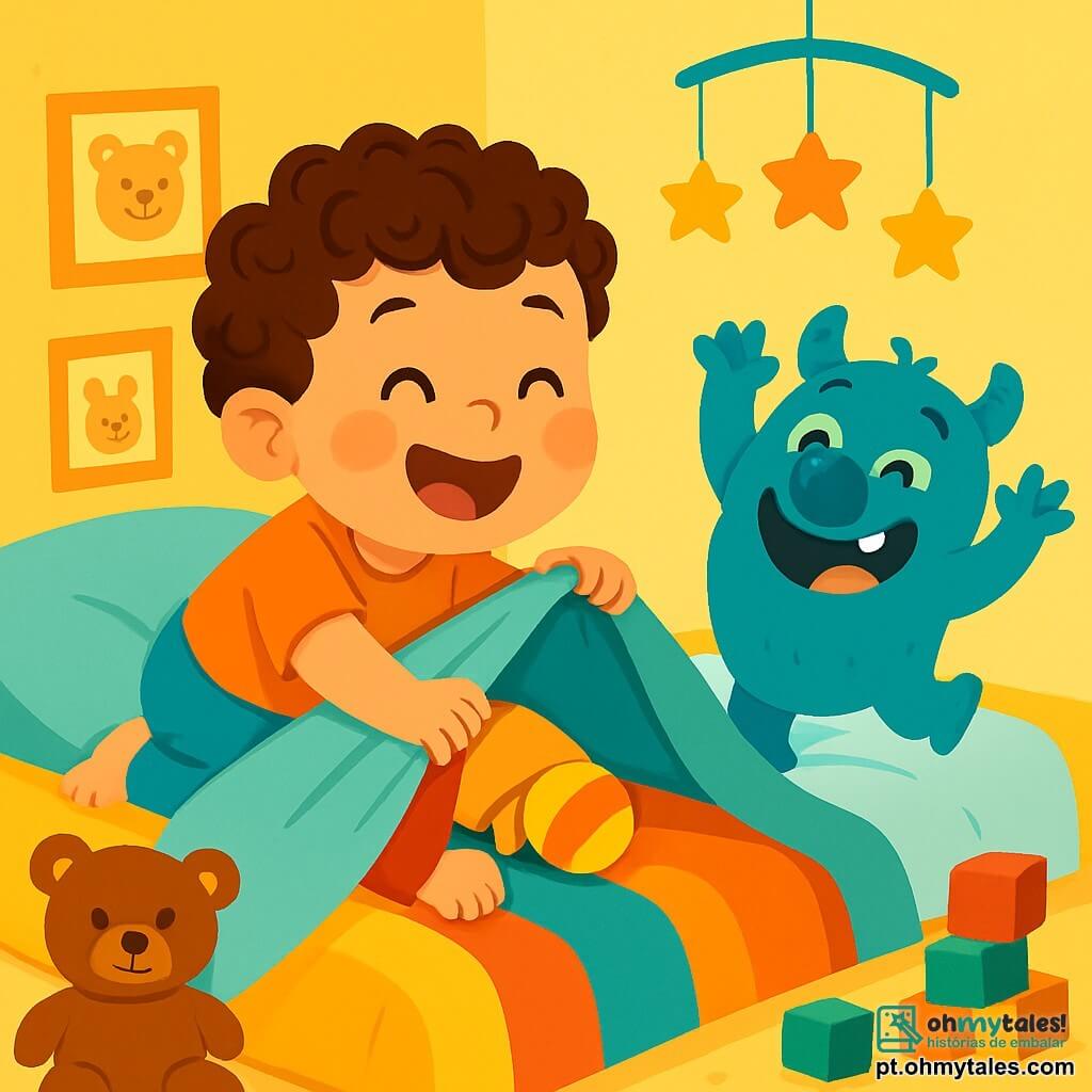 Um menino de 2 anos, com cabelos cacheados e olhos brilhantes de curiosidade, está deitado em uma cama com lençóis coloridos. Ele sorri amplamente, com bochechas rosadas, enquanto procura sob o edredom. Ao seu lado, um monstrinho azul com um nariz em forma de batata e olhos redondos faz piruetas, rindo, com os braços curtos levantados para o céu. O quarto está cheio de brinquedos espalhados: bichos de pelúcia, blocos de construção e um móbile em forma de estrelas pendurado no teto. As paredes são pintadas de amarelo brilhante, decoradas com desenhos de animais sorridentes. A cena principal mostra o menino rindo alto, surpreso com as cócegas do monstrinho, enquanto procura seu chocalho perdido sob os lençóis.